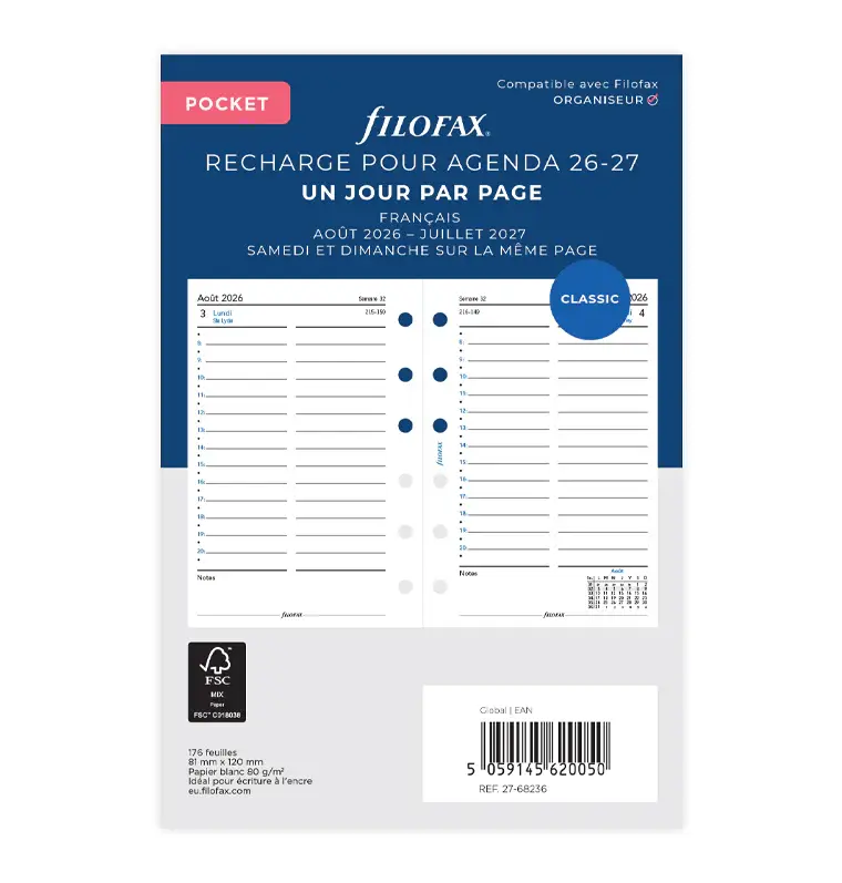 FILOFAX Recharge Agenda 1 Jour Par Page Académique 2026/27 Format Pocket