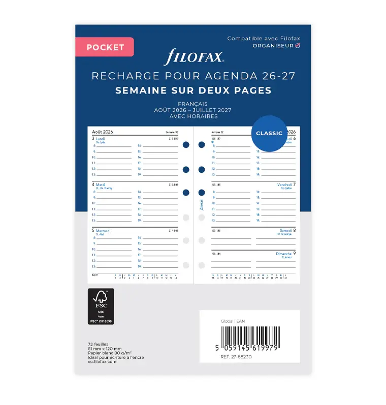 FILOFAX Recharge Agenda Semainier Horizontal Académique 2026/27 Format Pocket