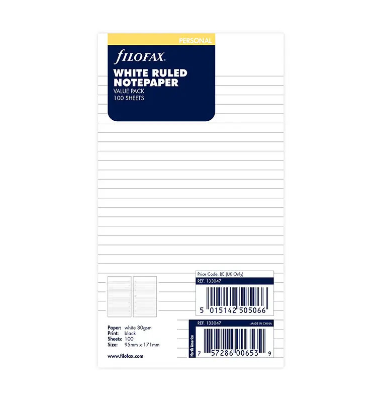 FILOFAX Paquet De 100 feuilles non Lignées Blanc Personal