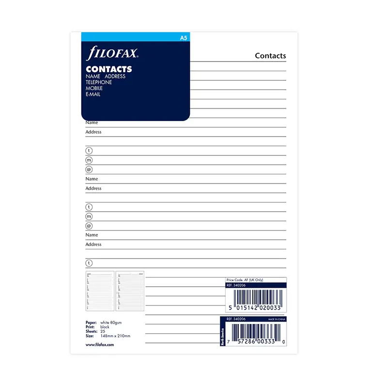 FILOFAX Nom/Adresse/Tel/Fax blanc A5