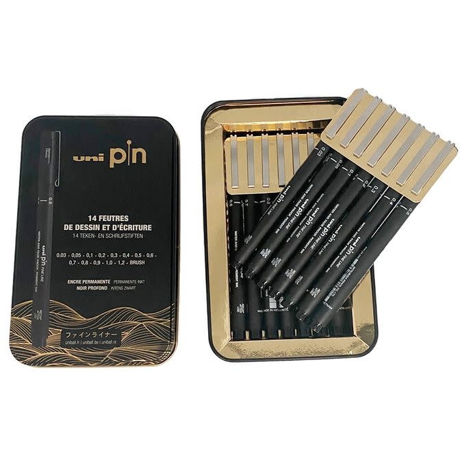 UNI-BALL Boite métal noir de 14 Feutres Uni Pin