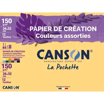 CANSON Pochette Papier de Création Couleurs Assorties 24x32cm 150g/m² 12 Feuilles