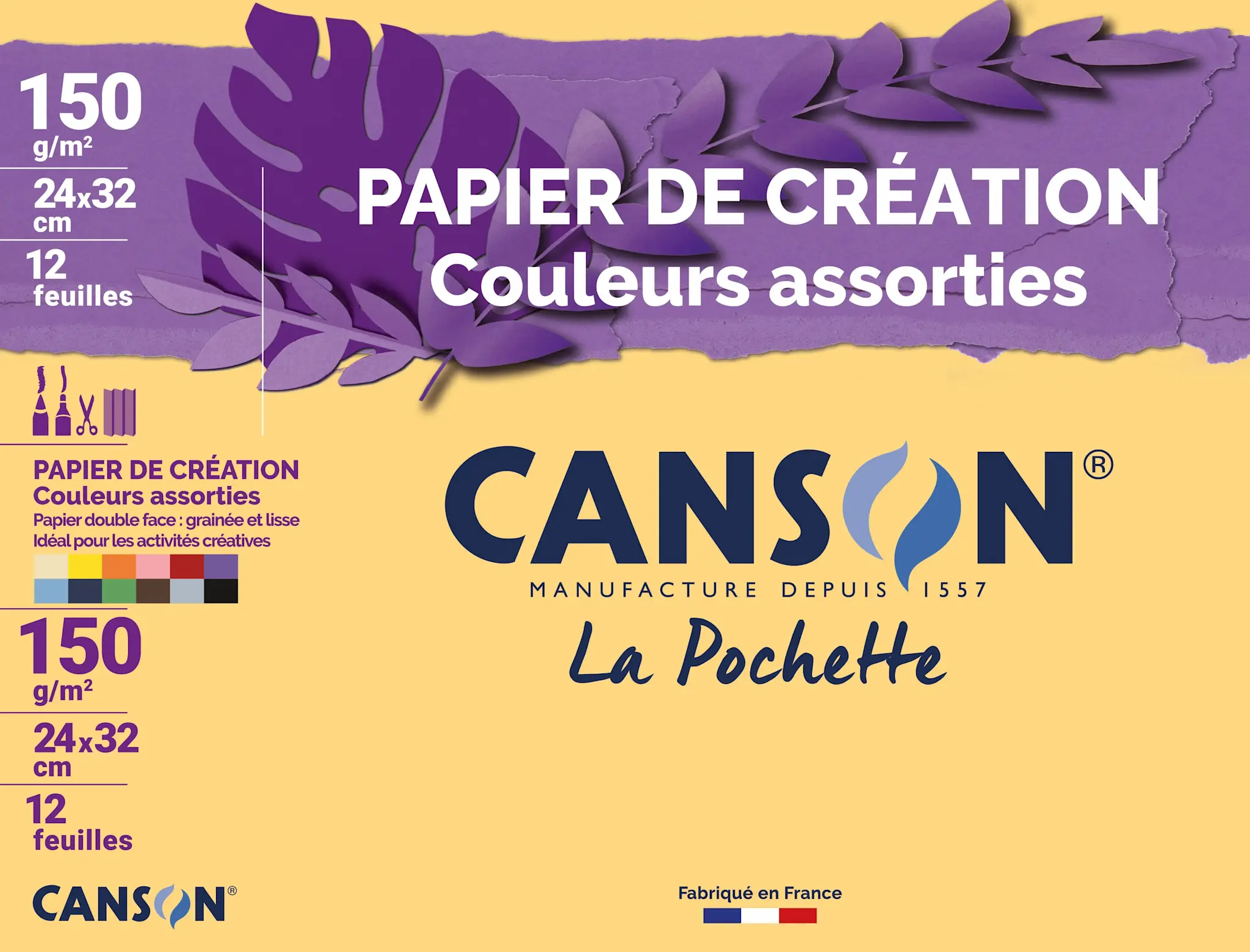 CANSON Pochette Papier de Création Couleurs Assorties 24x32cm 150g/m² 12 Feuilles