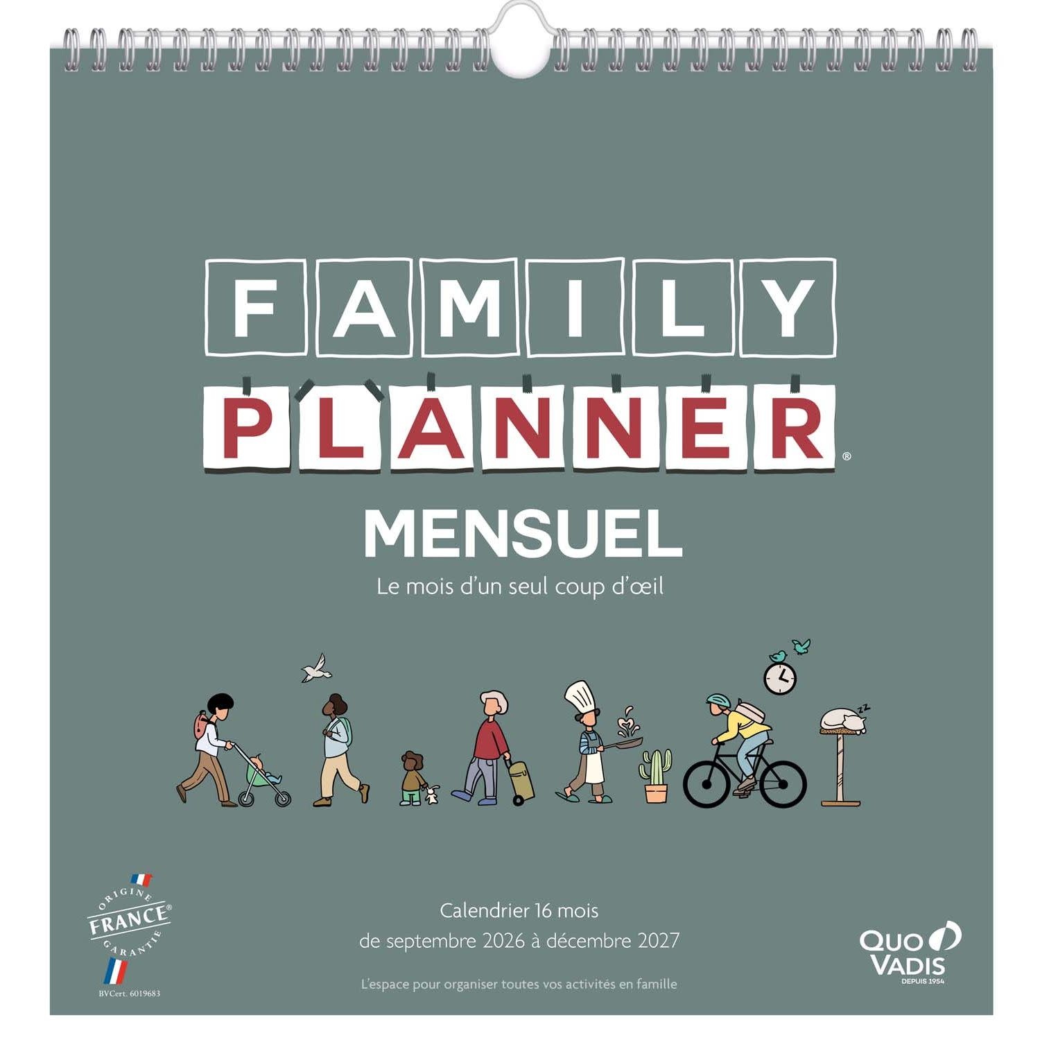 QUO VADIS Calendrier Family Planner Mensuel Sept 2026 Déc 2027 30x30cm