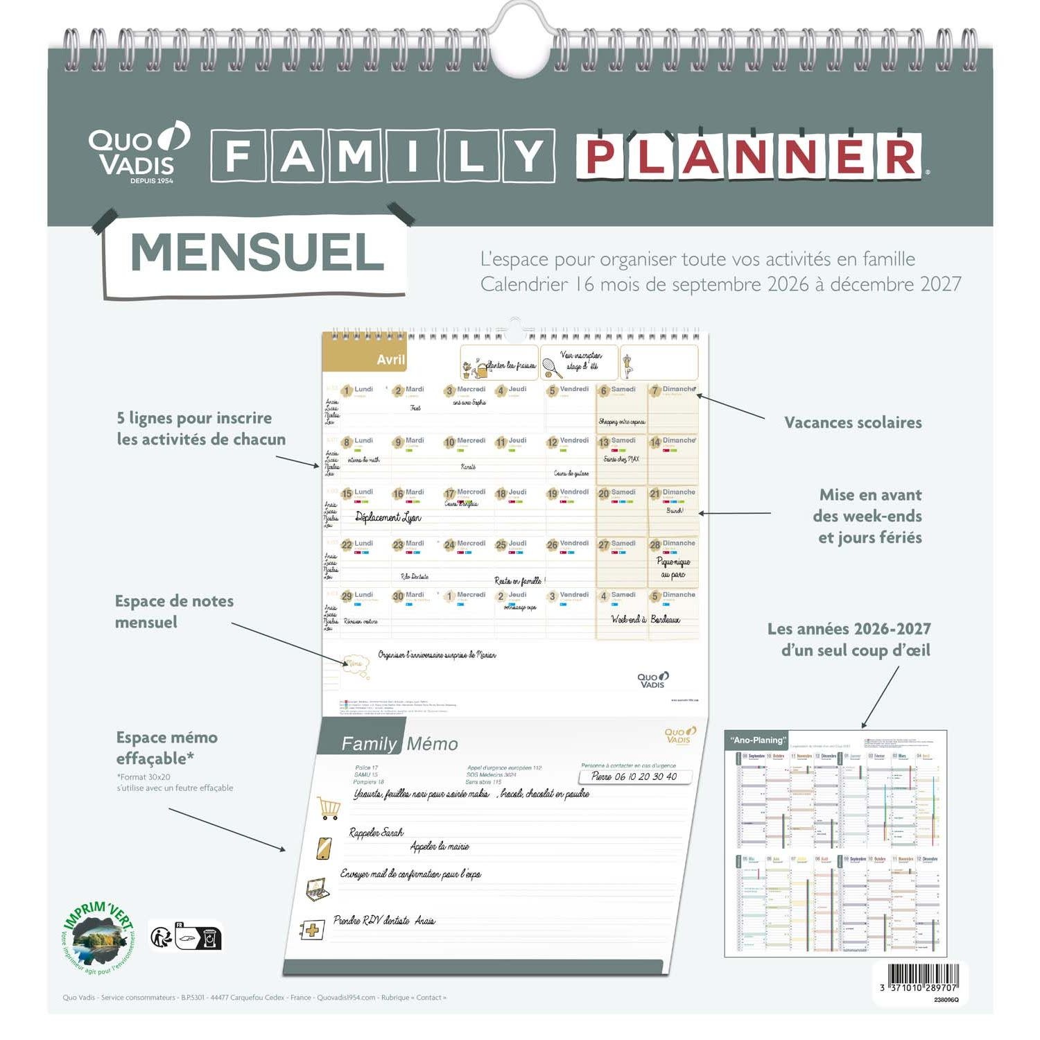 QUO VADIS Calendrier Family Planner Mensuel Sept 2026 Déc 2027 30x30cm