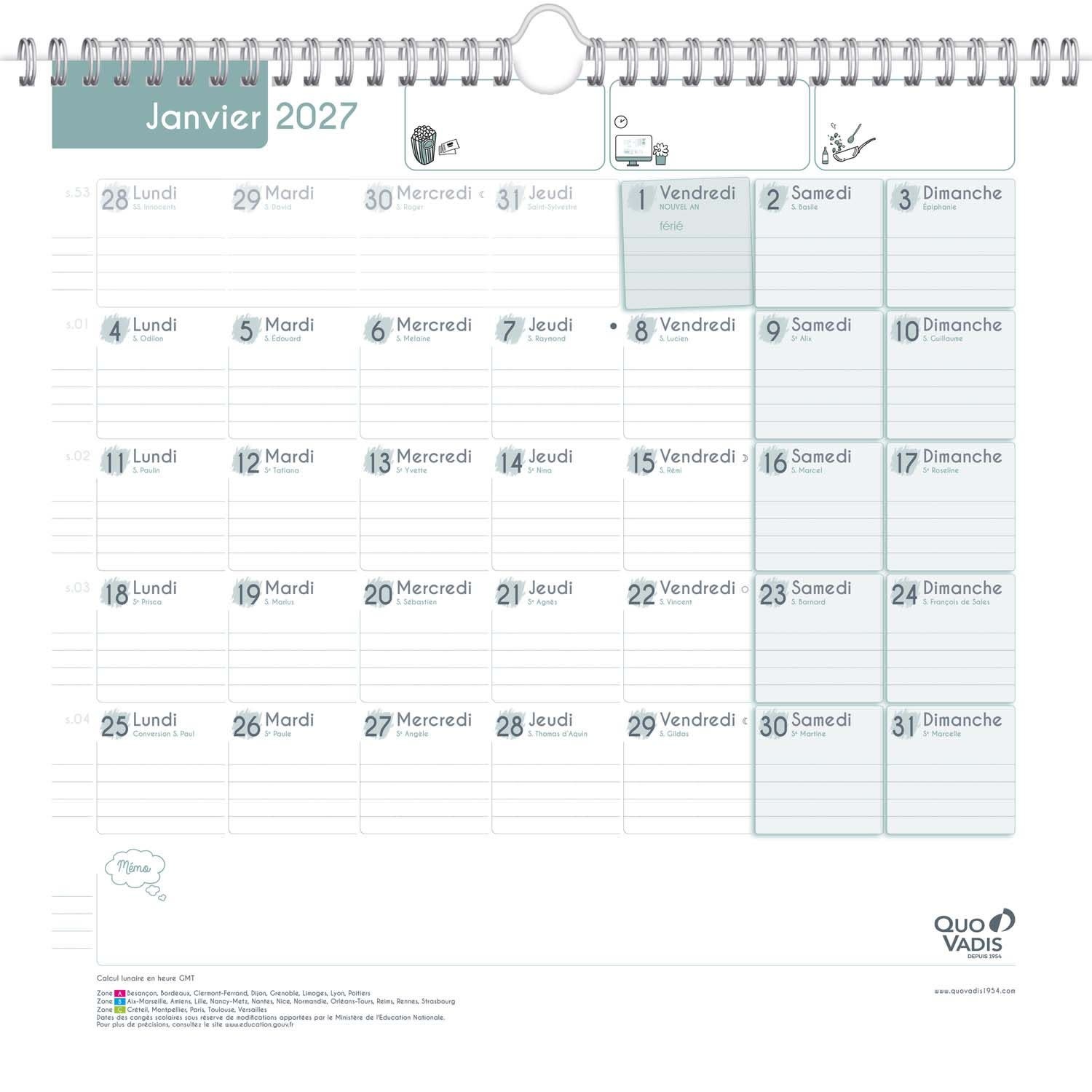 QUO VADIS Calendrier Family Planner Mensuel Sept 2026 Déc 2027 30x30cm