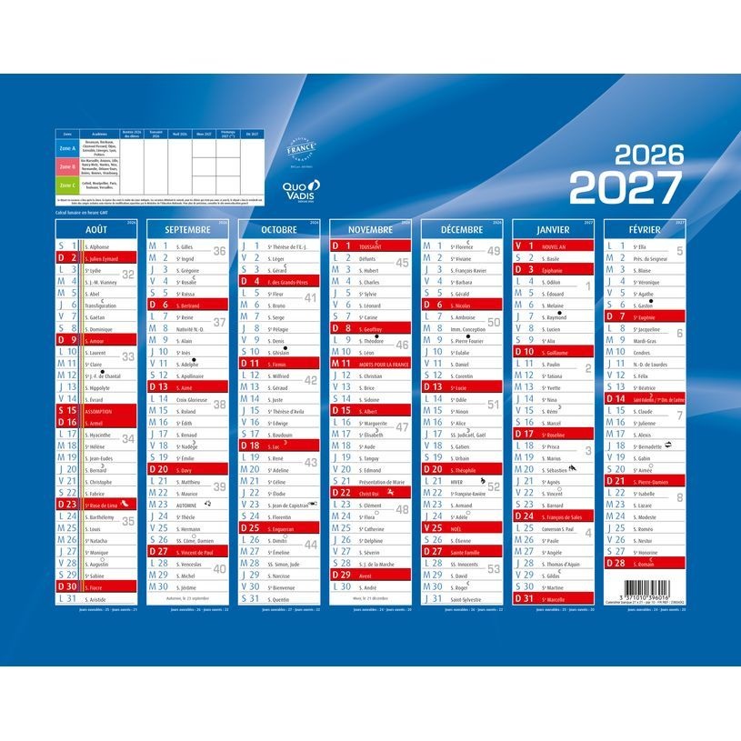 QUO VADIS Calendrier Bque Aout/Sept 27X21 Fr Bleu