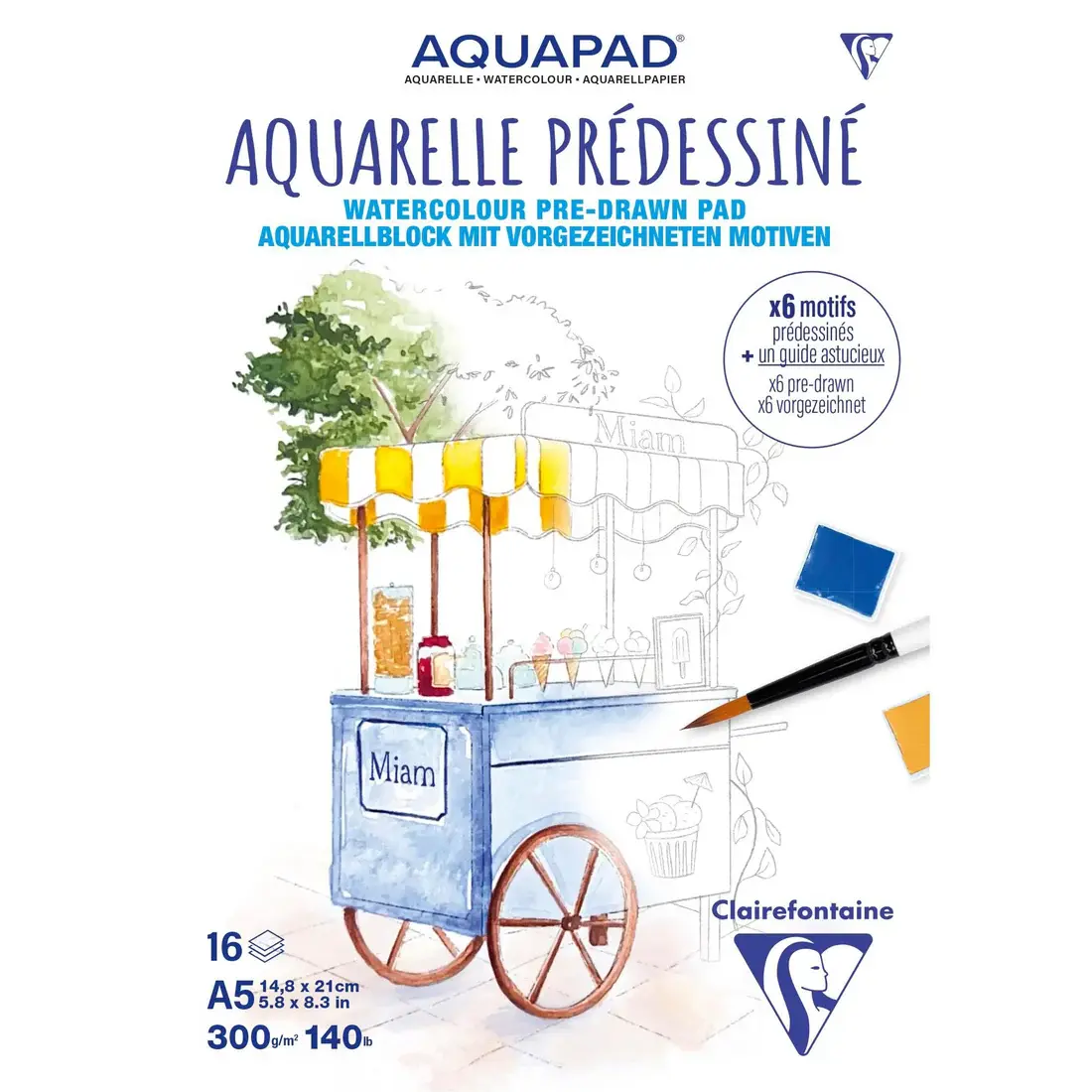 CLAIREFONTAINE Bloc collé Aquarelle Prédessiné "Gourmandises" A5 15F 300g