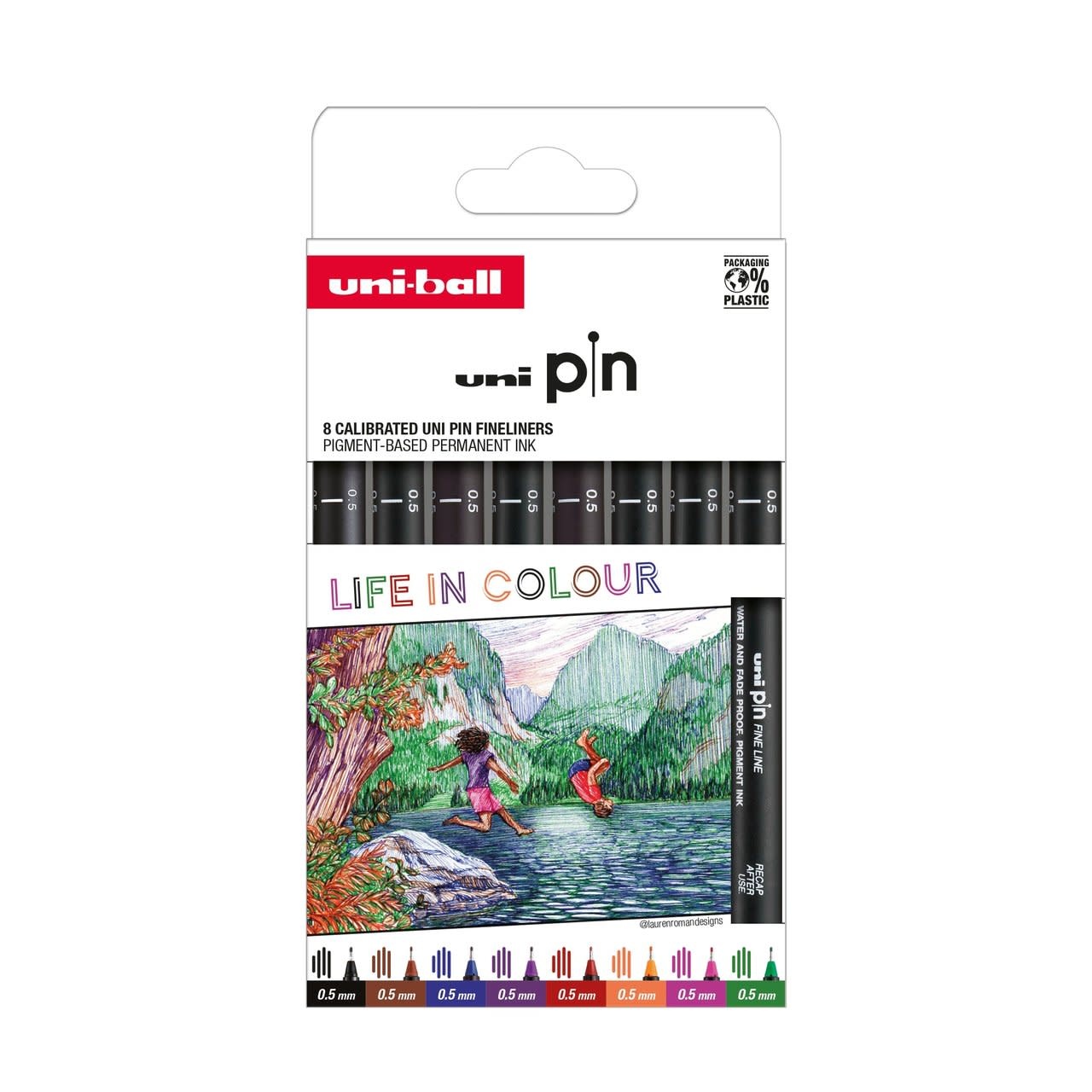 UNI-BALL Pochette 8 Feutres Uni-Pin pointes 0,5mm Couleurs assorties Life in color