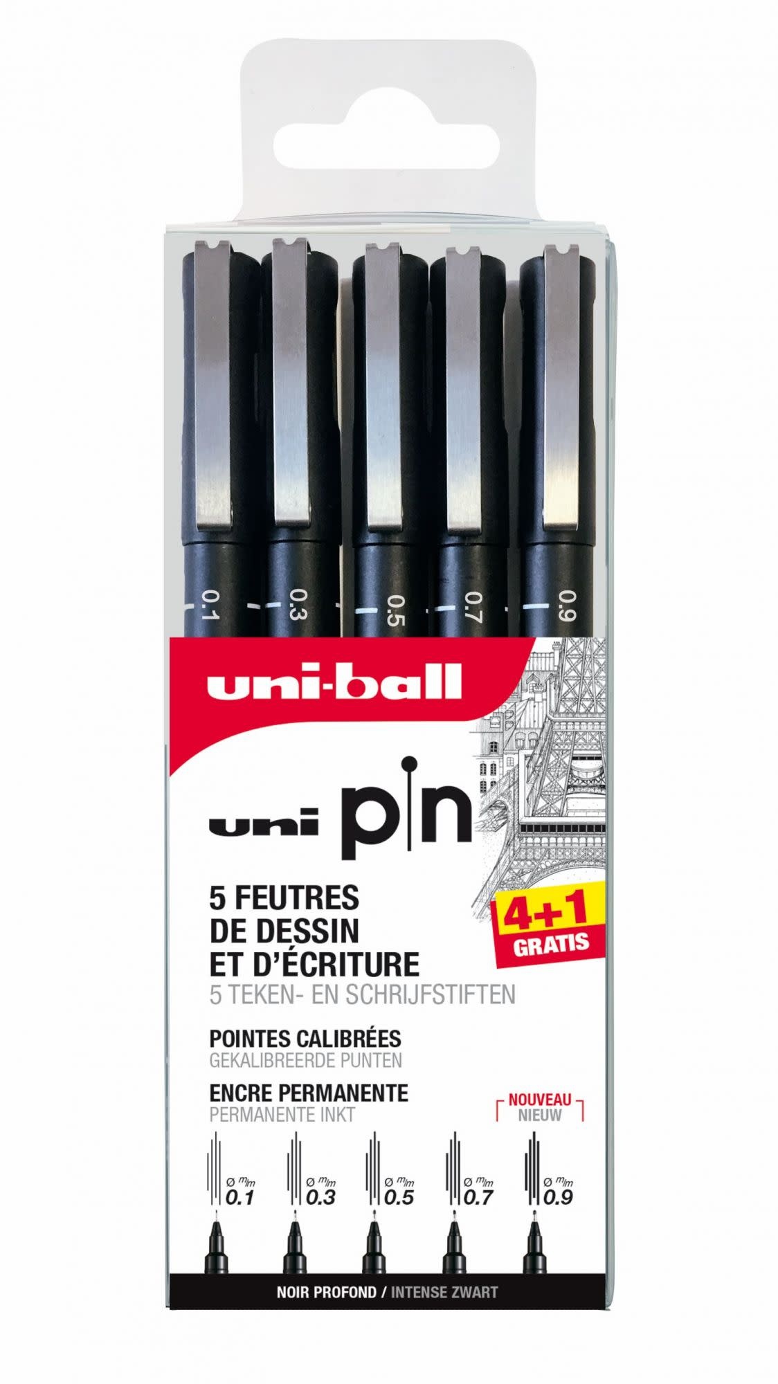 UNI-BALL Pochette 4+1 Gratuit Feutres Pin Calibrés Noir - 01/03/05/07/09
