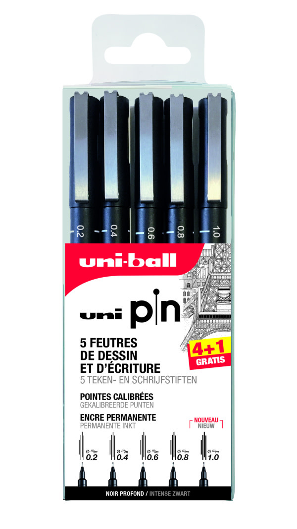 UNI-BALL Pochette de 5 feutres techniques pointe calibrée - 02/04/06/08/10