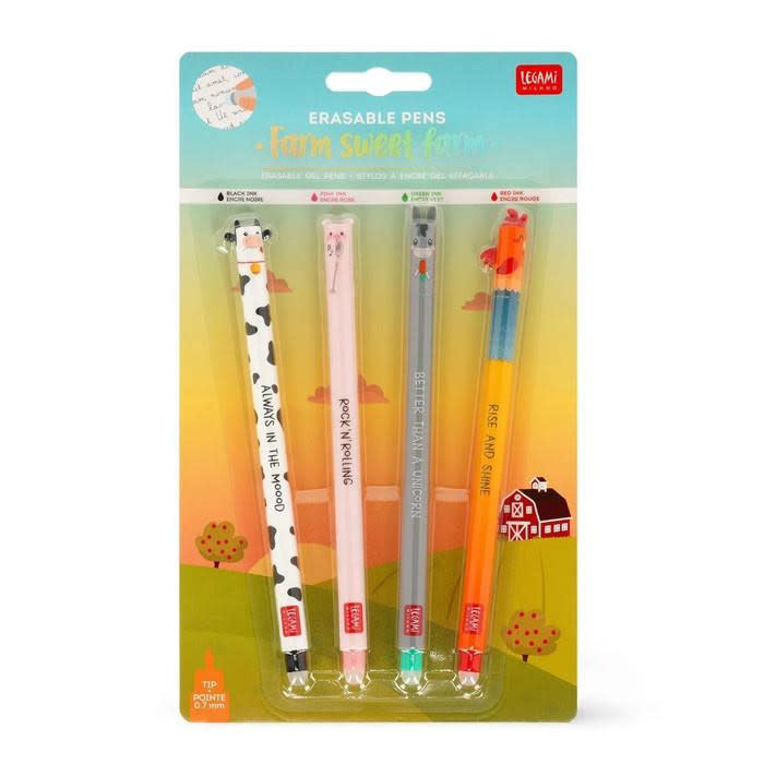 LEGAMI Farm Sweet Farm - Set Of 4 Erasable Gel Pens - Cow + Piggy + Donkey + Rooster - Black/Pink/Green/Red Ink