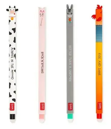 LEGAMI Farm Sweet Farm - Set Of 4 Erasable Gel Pens - Cow + Piggy + Donkey + Rooster - Black/Pink/Green/Red Ink