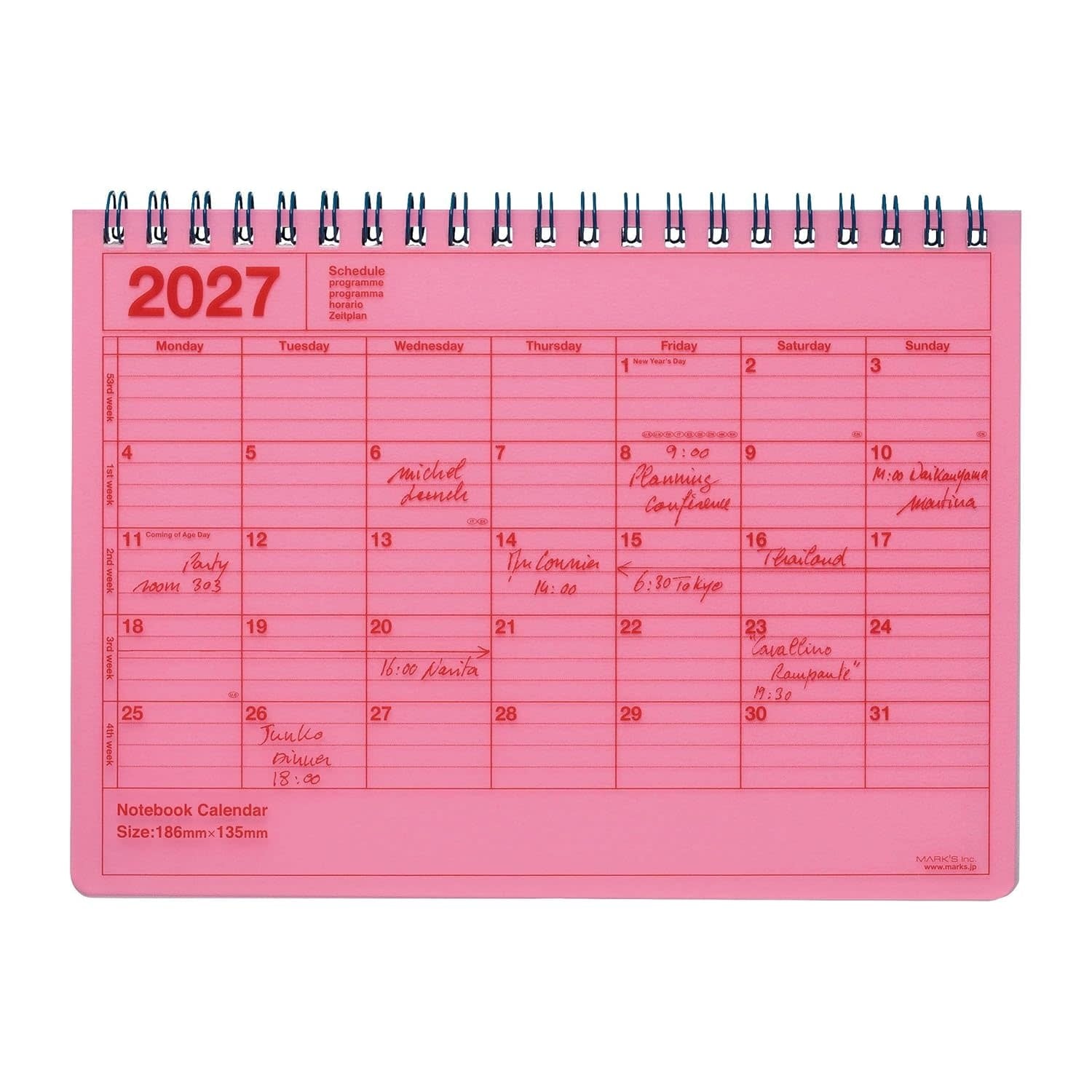 MARK'S EUROPE Notebook Calendar S 12 mois 2027, Neon Pink 13,5x18,6cm