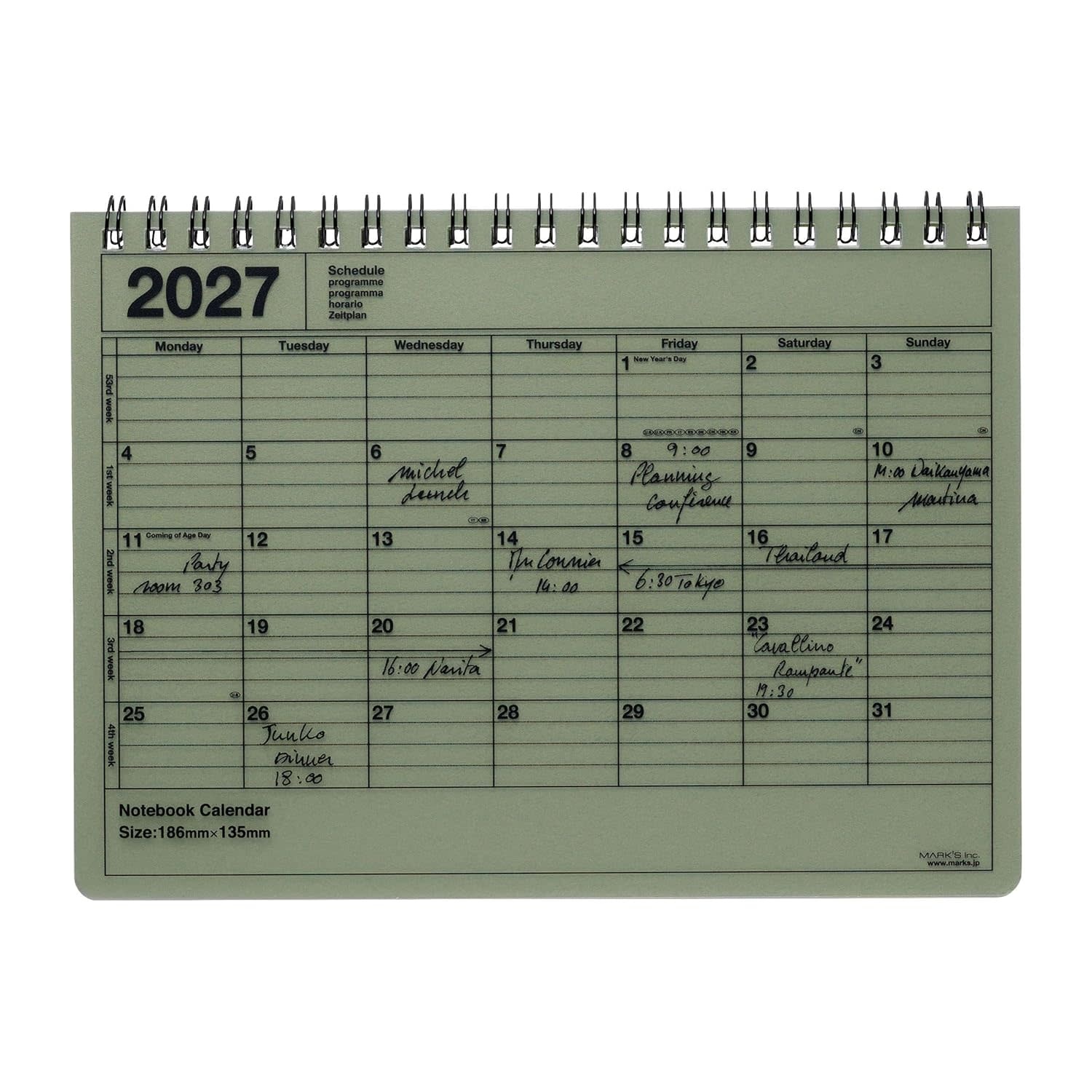 MARK'S EUROPE Notebook Calendar S 12 mois 2027, Khaki 13,5x18,6cm
