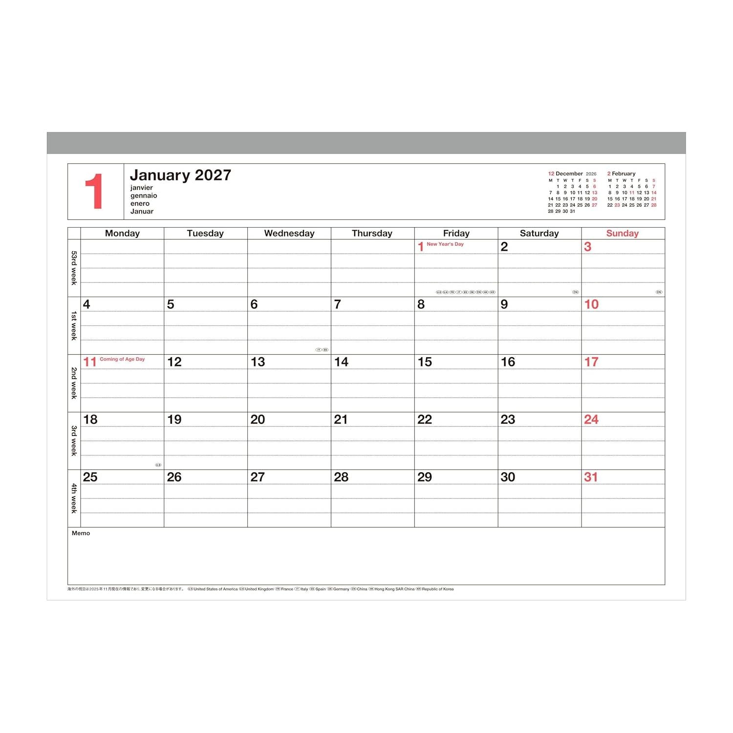MARK'S EUROPE Notebook Calendar S 12 mois 2027, Khaki 13,5x18,6cm