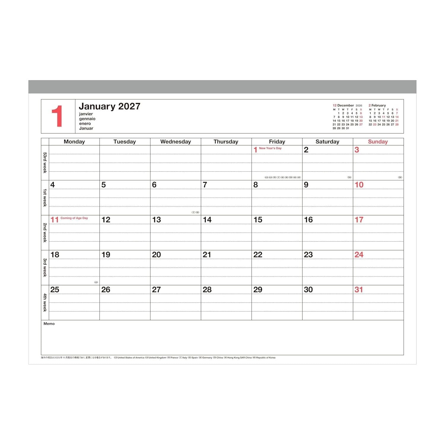 MARK'S EUROPE Notebook Calendar S 12 mois 2027, Ivory 13,5x18,6cm