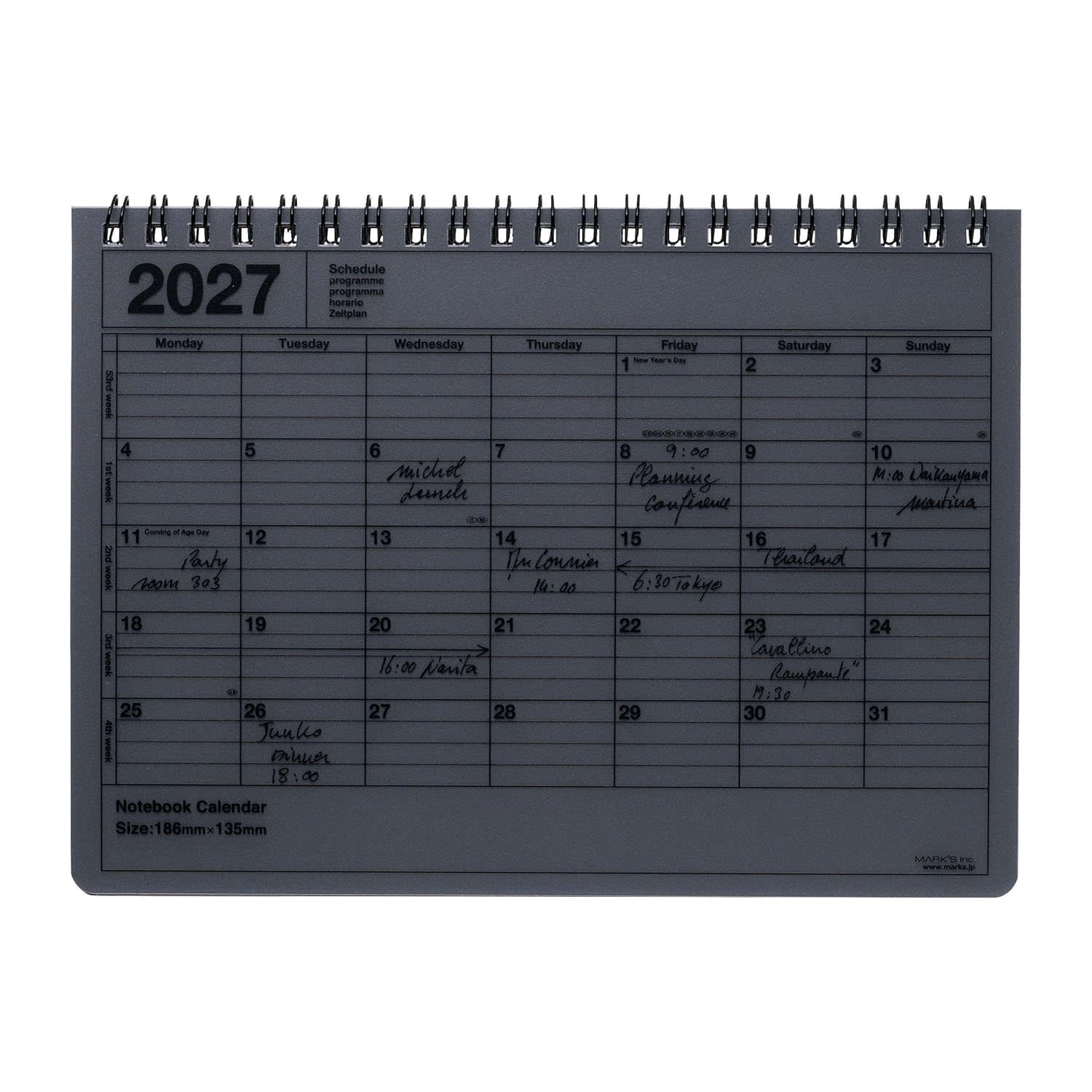 MARK'S EUROPE Notebook Calendar S 12 mois 2027, Black 13,5x18,6cm