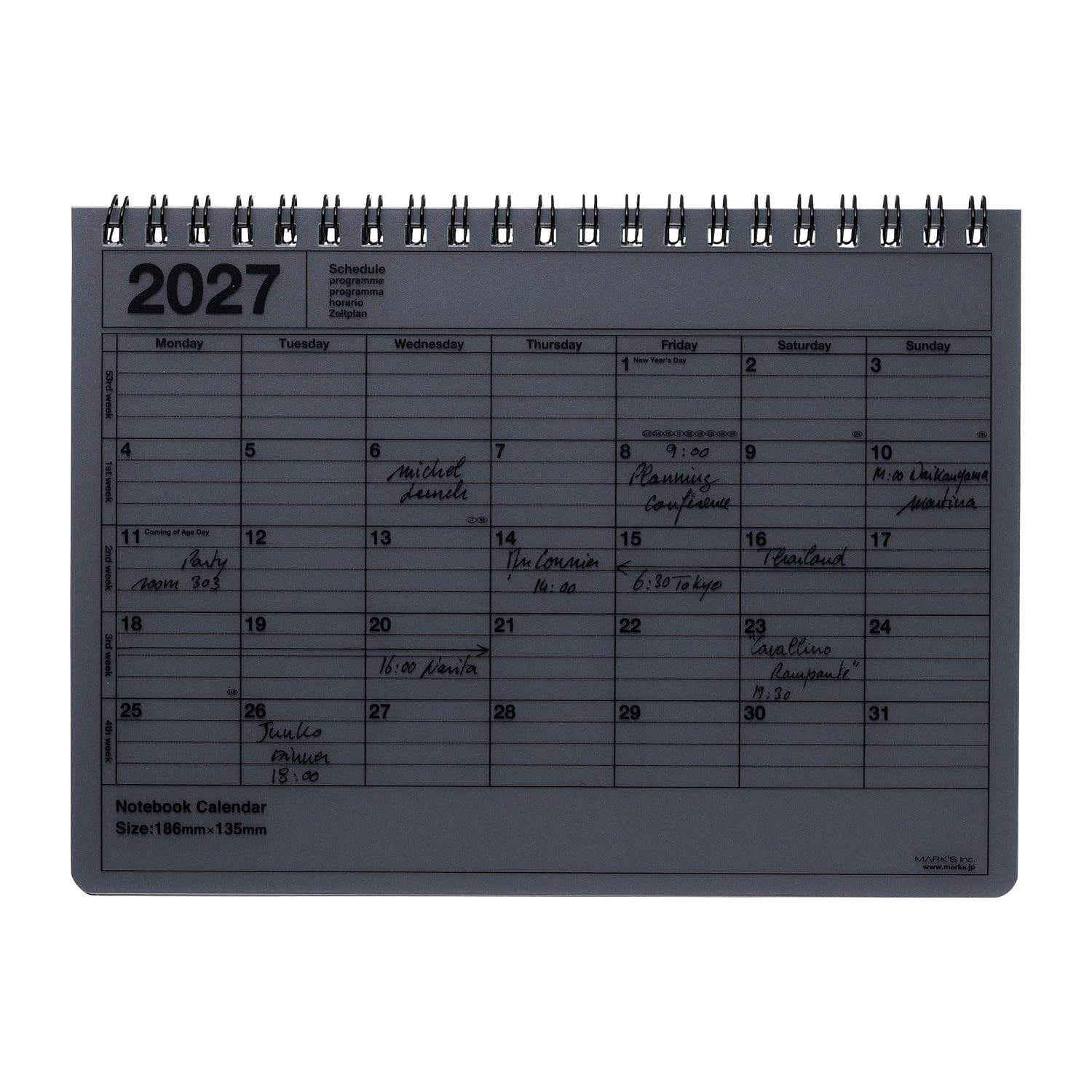 MARK'S EUROPE Notebook Calendar S 12 mois 2027, Black 13,5x18,6cm