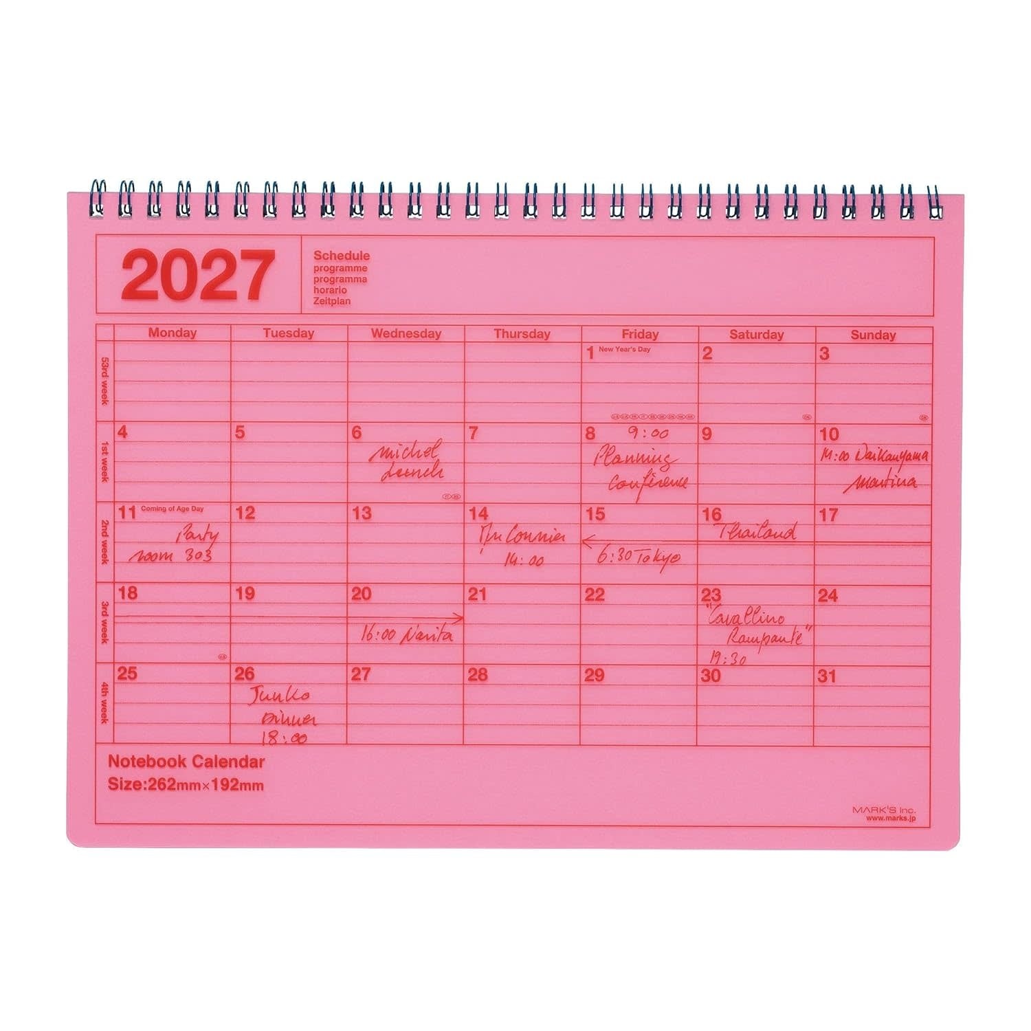 MARK'S EUROPE Notebook Calendar M 12 mois 2027, Neon Pink 19,2x26,2cm