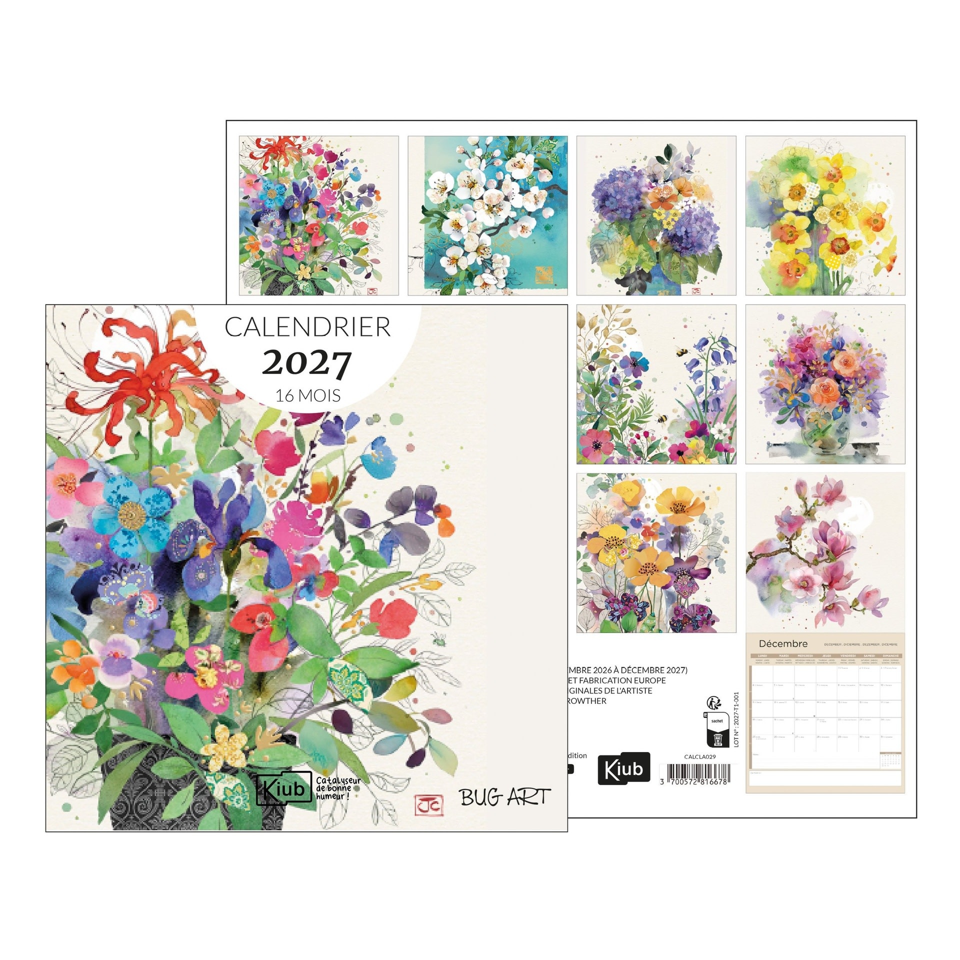KIUB Calendrier 30x30 16 Mois 2027 - Bug Art Assortis Fleurs