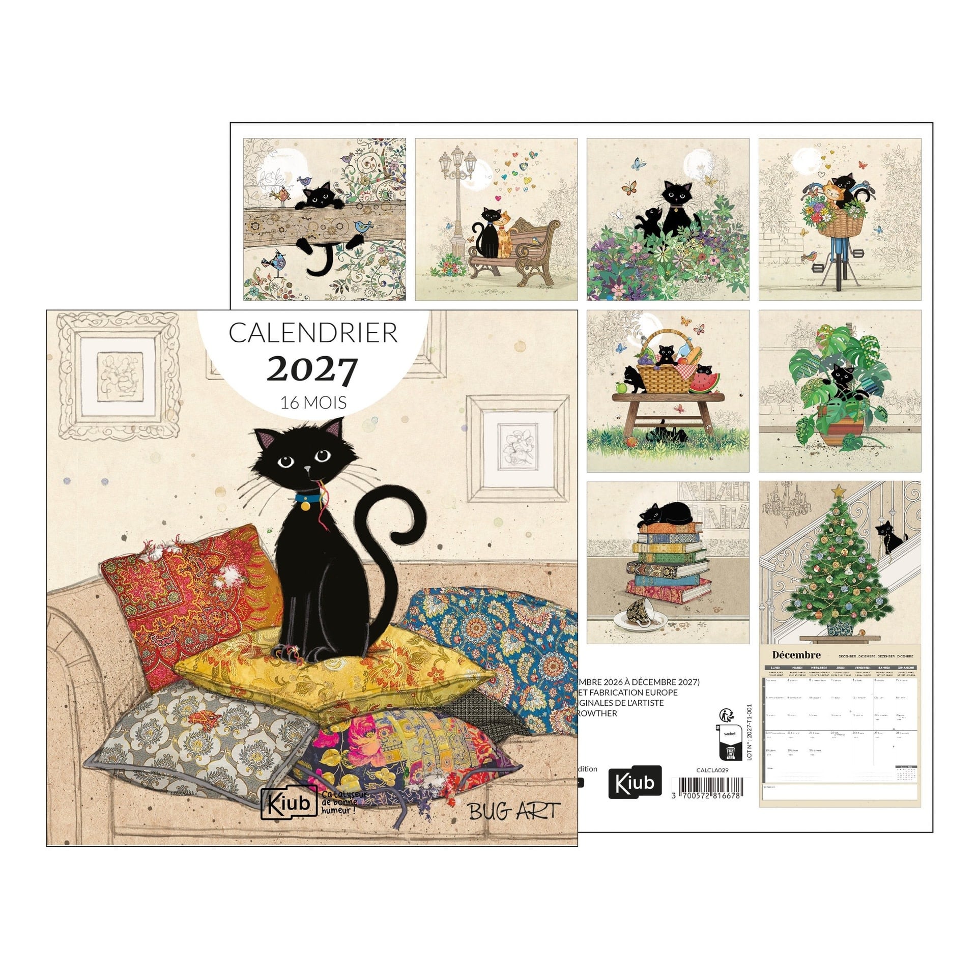 KIUB Calendrier 30x30 16 Mois 2027 - Bug Art Assortis Chats
