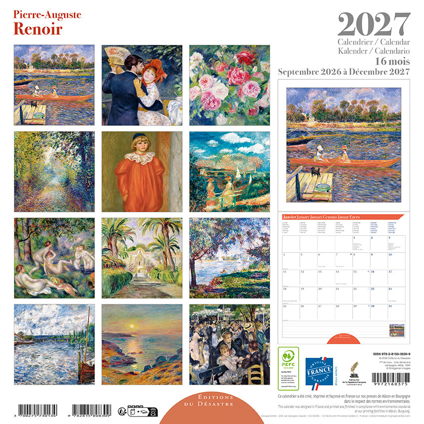 EDITIONS DU DESASTRE Calendrier 16 mois 30X30 Renoir 2027