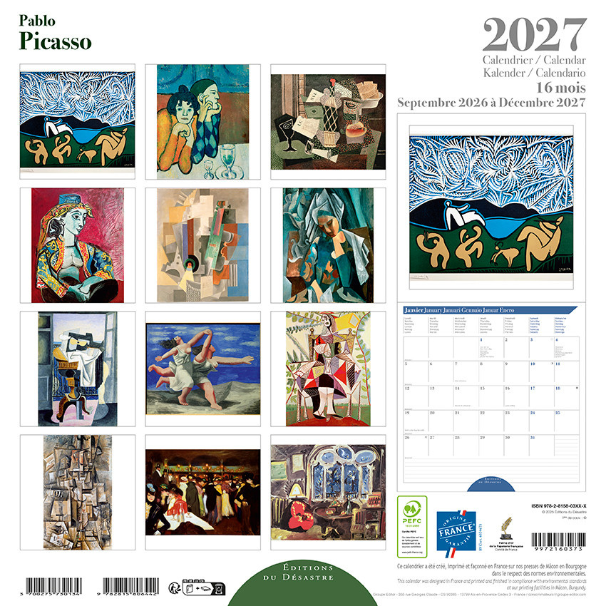 EDITIONS DU DESASTRE Calendrier 16 mois 30X30 Picasso 2027