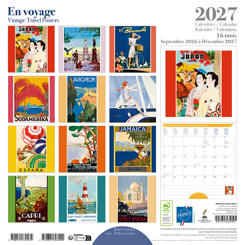 EDITIONS DU DESASTRE Calendrier 16 mois 30X30 En Voyage 2027