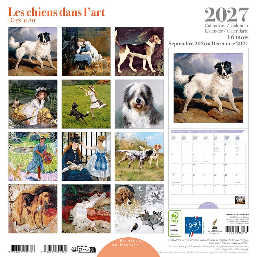 EDITIONS DU DESASTRE Calendrier 16 mois 30X30 Chiens Dans L'Art 2027