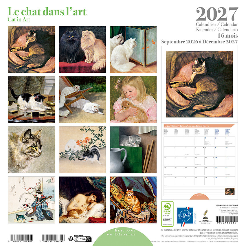EDITIONS DU DESASTRE Calendrier 16 mois 30X30 Chats Dans L'Art 2027