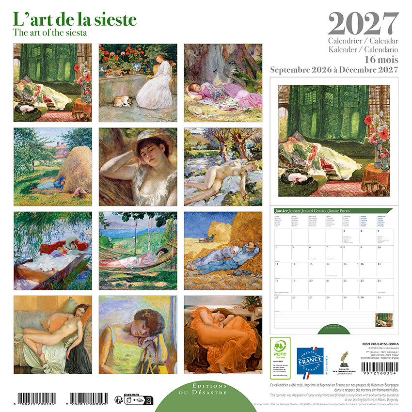 EDITIONS DU DESASTRE Calendrier 16 mois 30X30 Art De La Sieste 2027