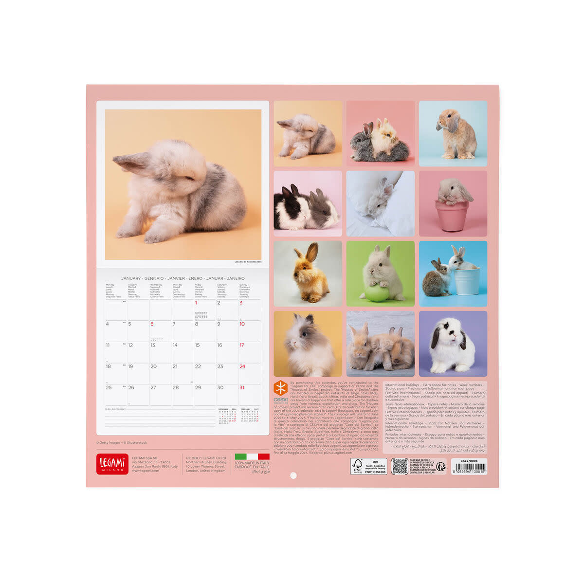 LEGAMI Wall Calendar 2027 - Animals - Honey Bunny - 30x29