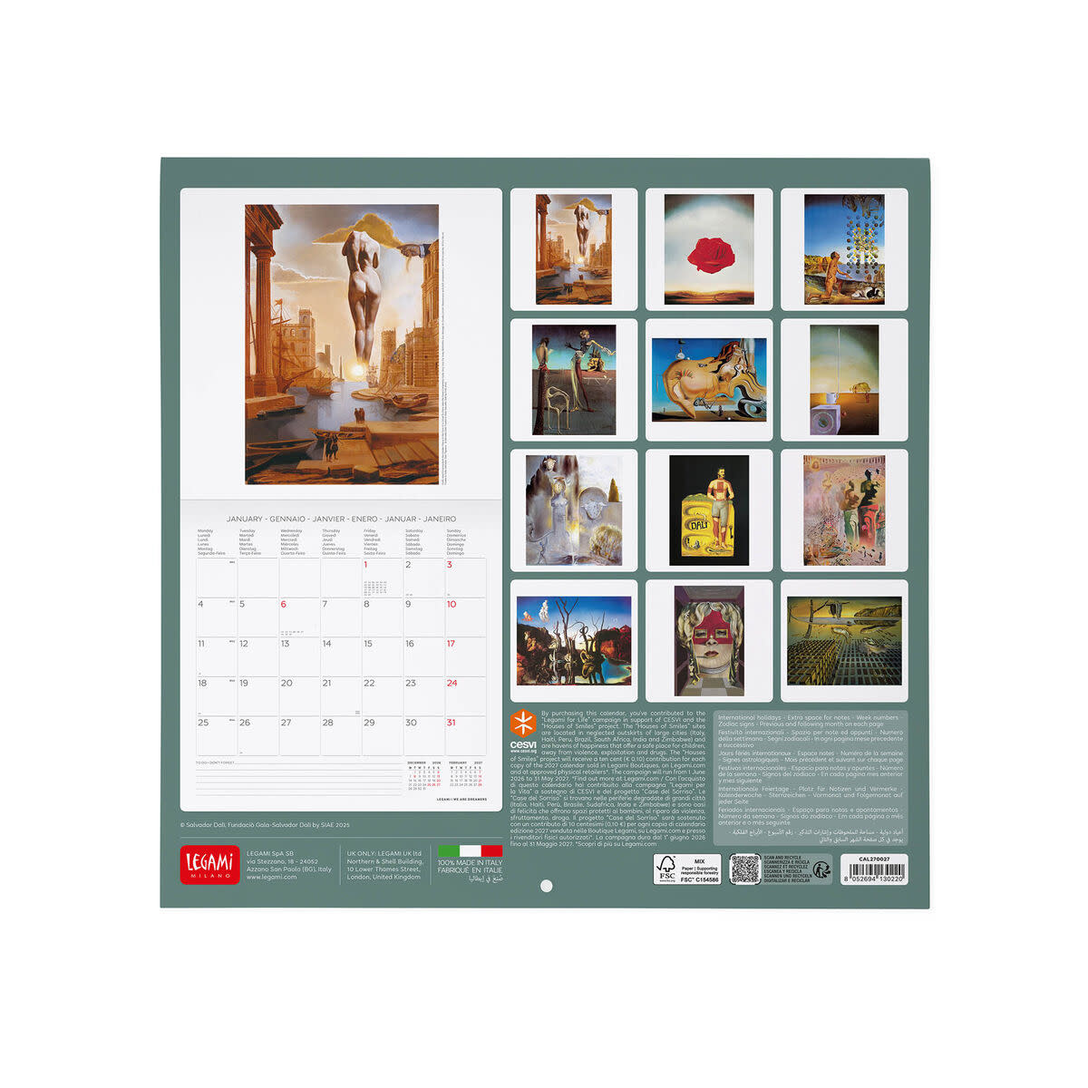 LEGAMI Wall Calendar 2027 - Art Collection - Salvador Dali' - 30x29