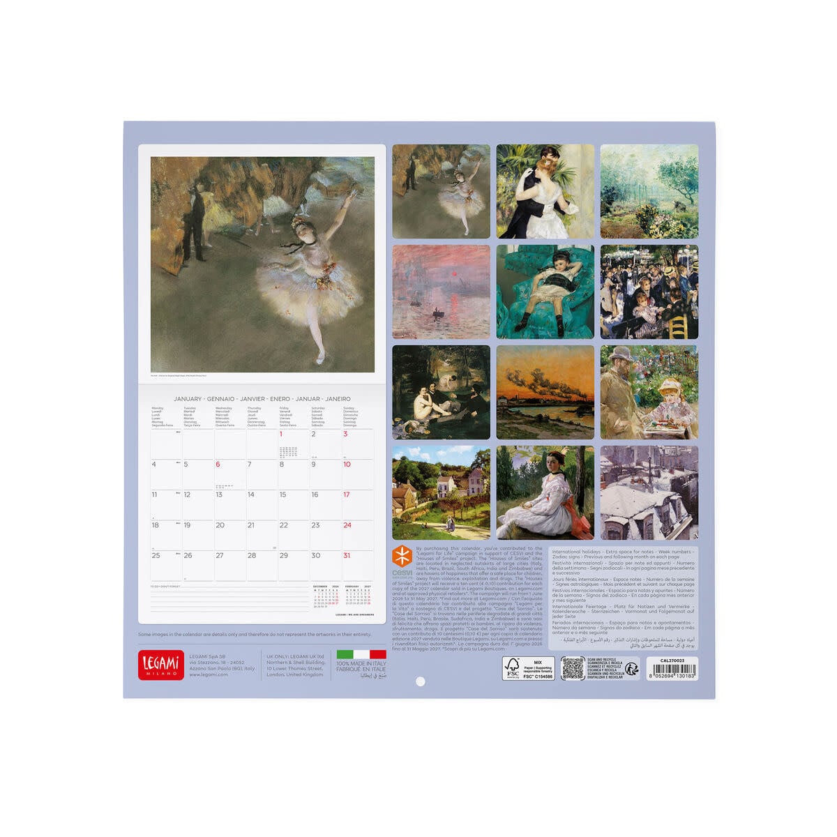 LEGAMI Wall Calendar 2027 - Art Collection - Impressionists - 30x29