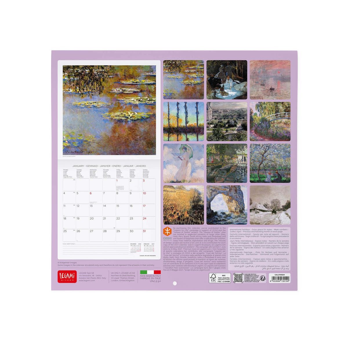 LEGAMI Wall Calendar 2027 - Art Collection - Claude Monet - 30x29