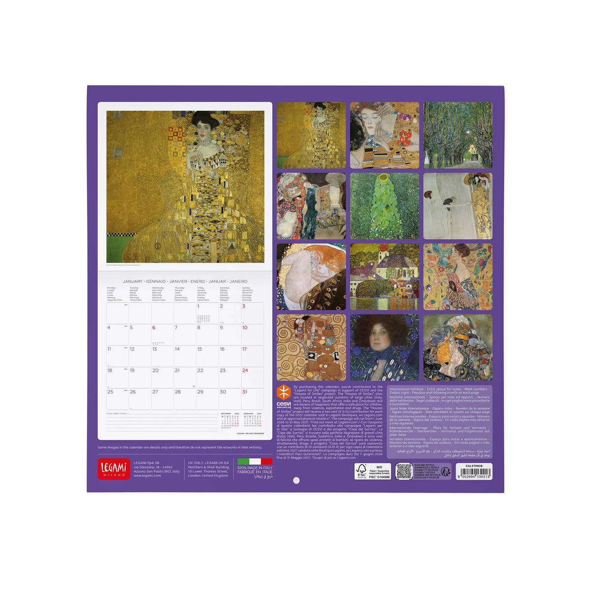 LEGAMI Wall Calendar 2027 - Art Collection - Gustav Klimt - 30x29