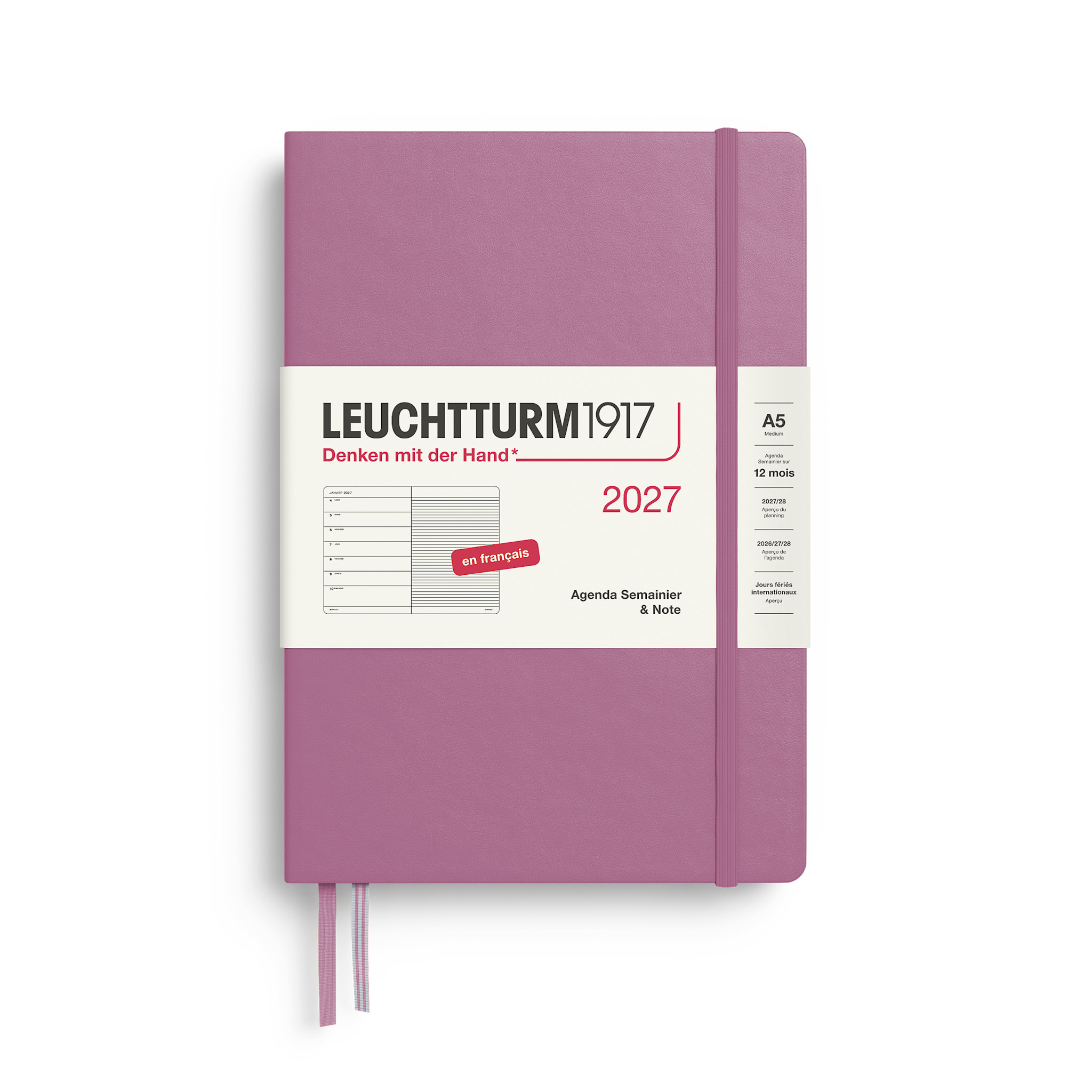 LEUCHTTURM 1917 Dusty Rose, Agenda Semainier & Carnet de notes Medium (A5) 2027, Français