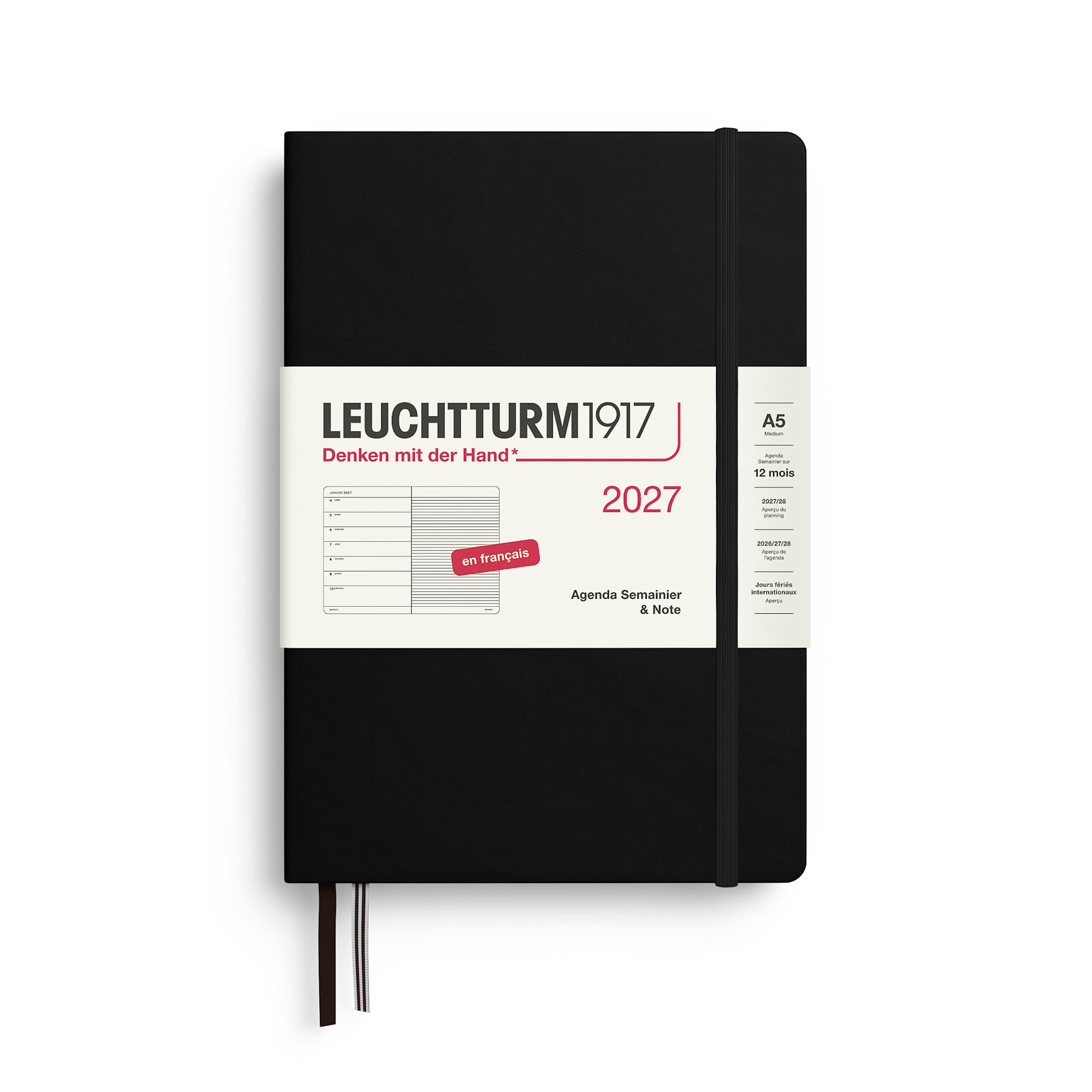 LEUCHTTURM 1917 Noir, Agenda Semainier & Carnet de notes Medium (A5) 2027, Français