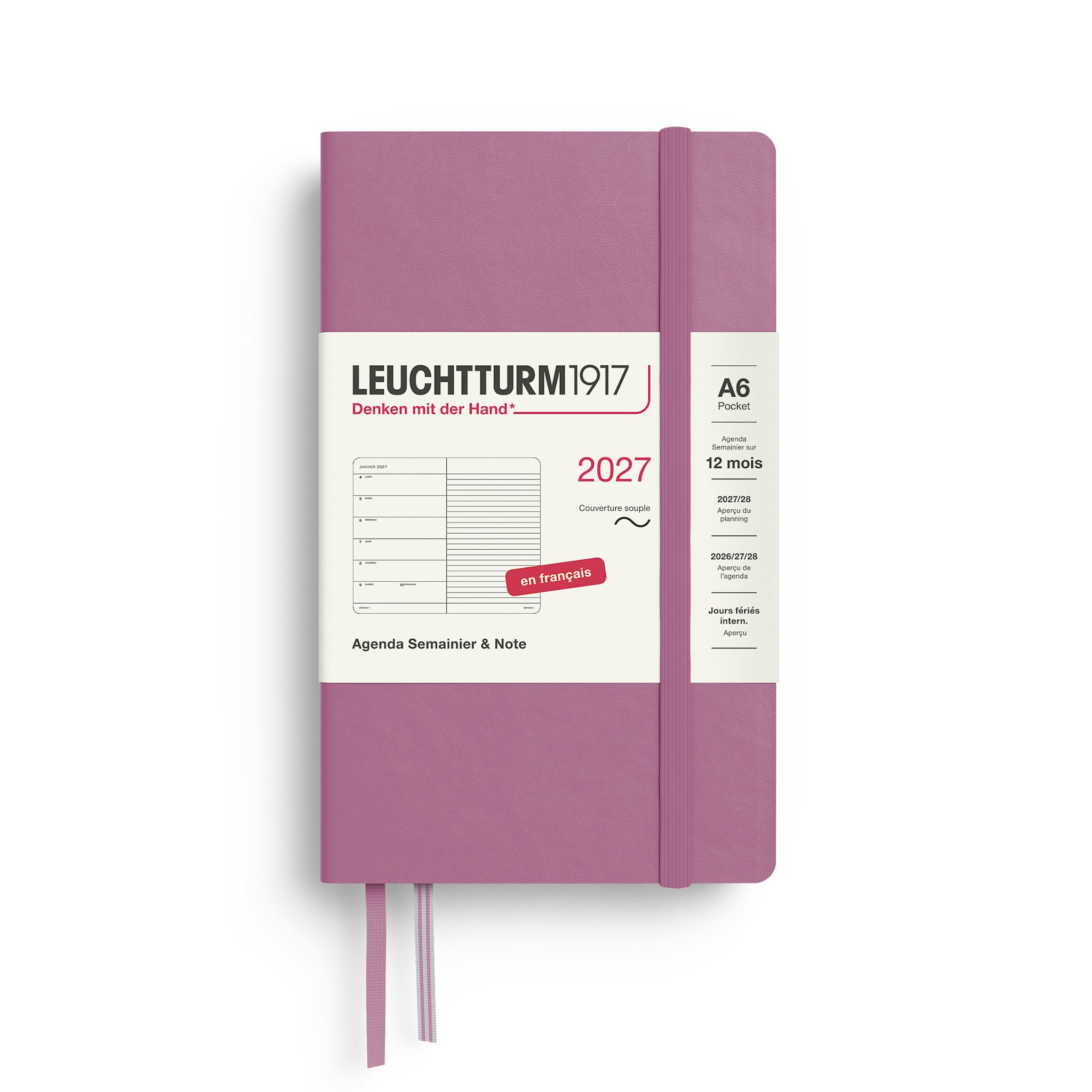 LEUCHTTURM 1917 Dusty Rose, Agenda Semainier & Carnet de notes Pocket (A6) 2027, Couverture souple, Français