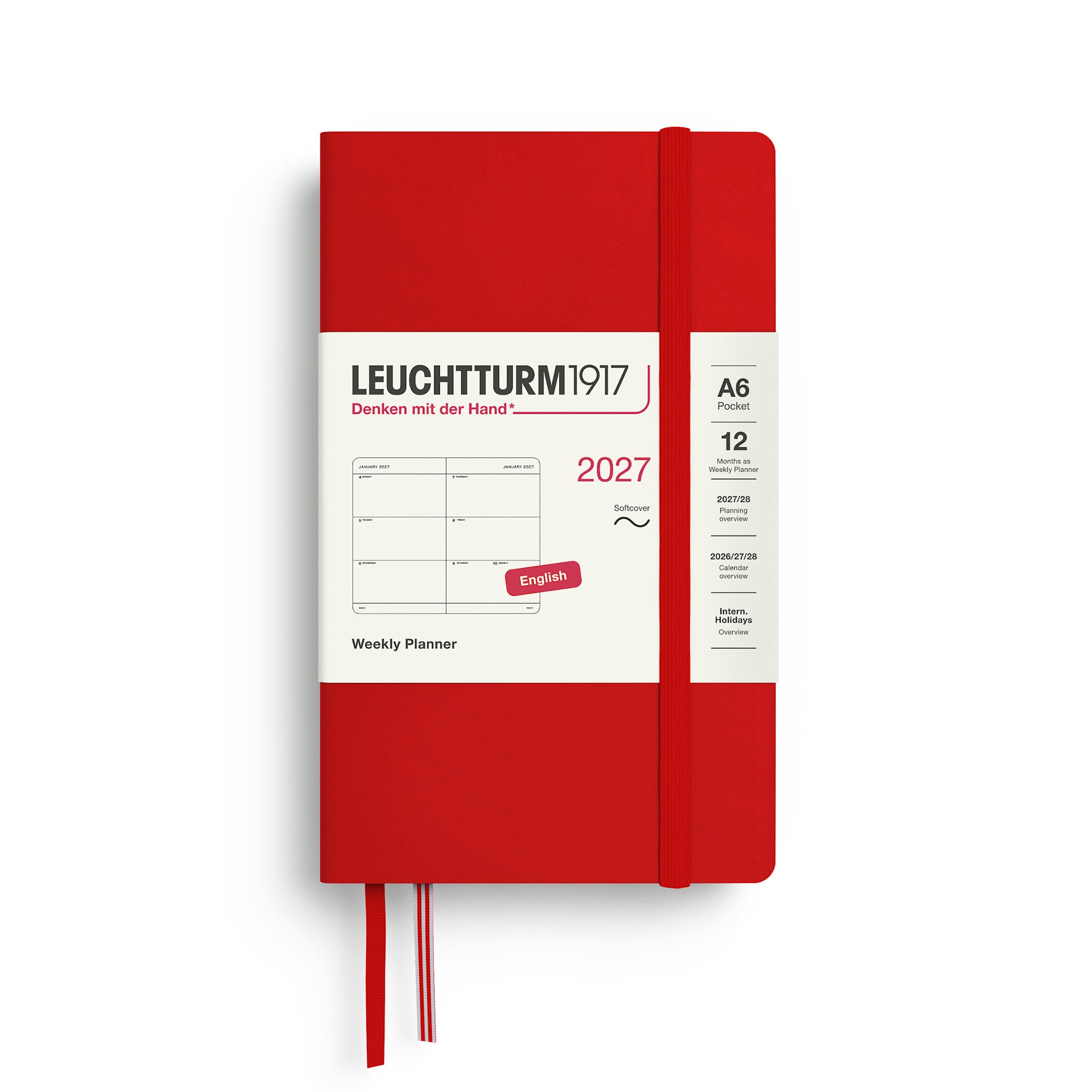 LEUCHTTURM 1917 Cherry, Agenda Semainier horizontal Pocket (A6) 2027, Couverture souple, Anglais