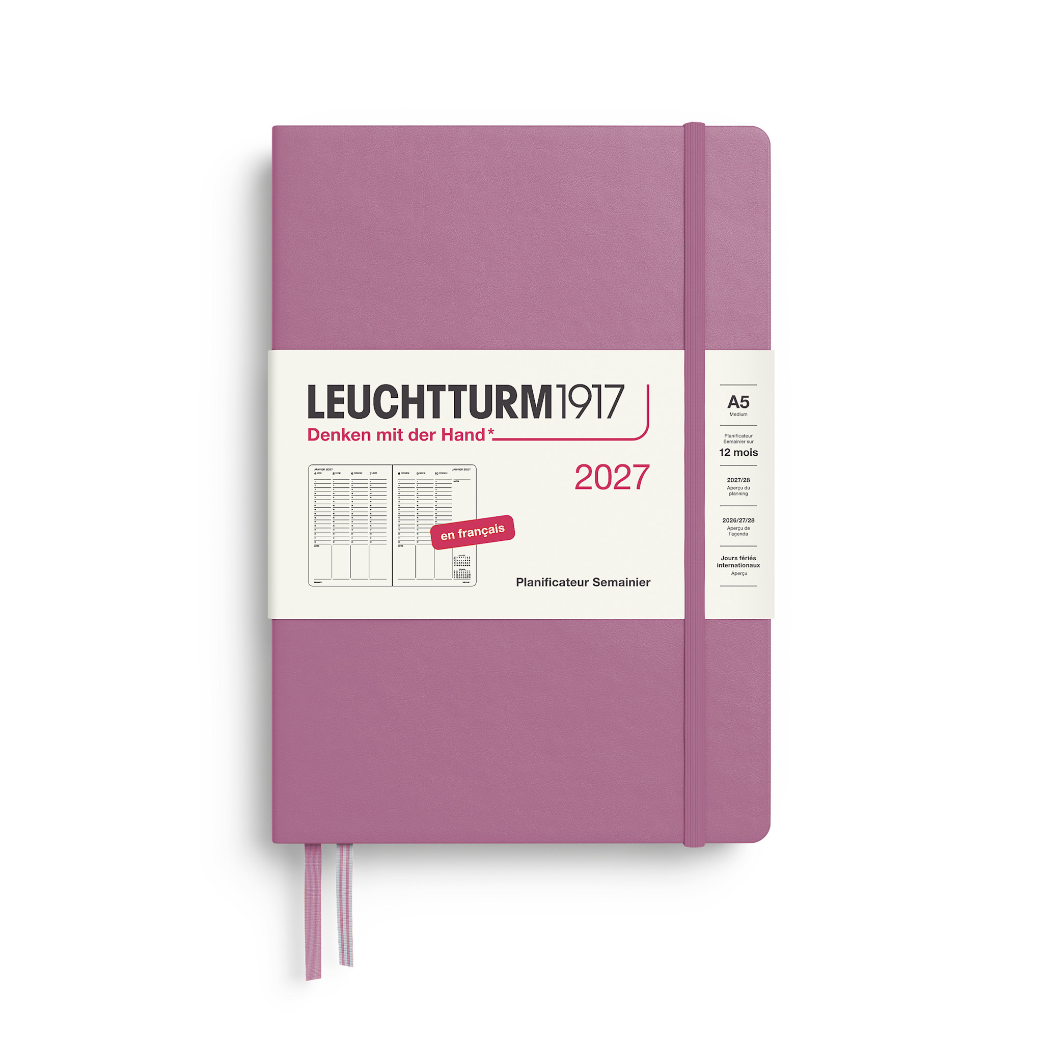 LEUCHTTURM 1917 Dusty Rose, Agenda Semainier horizontal Medium (A5) 2027, Français
