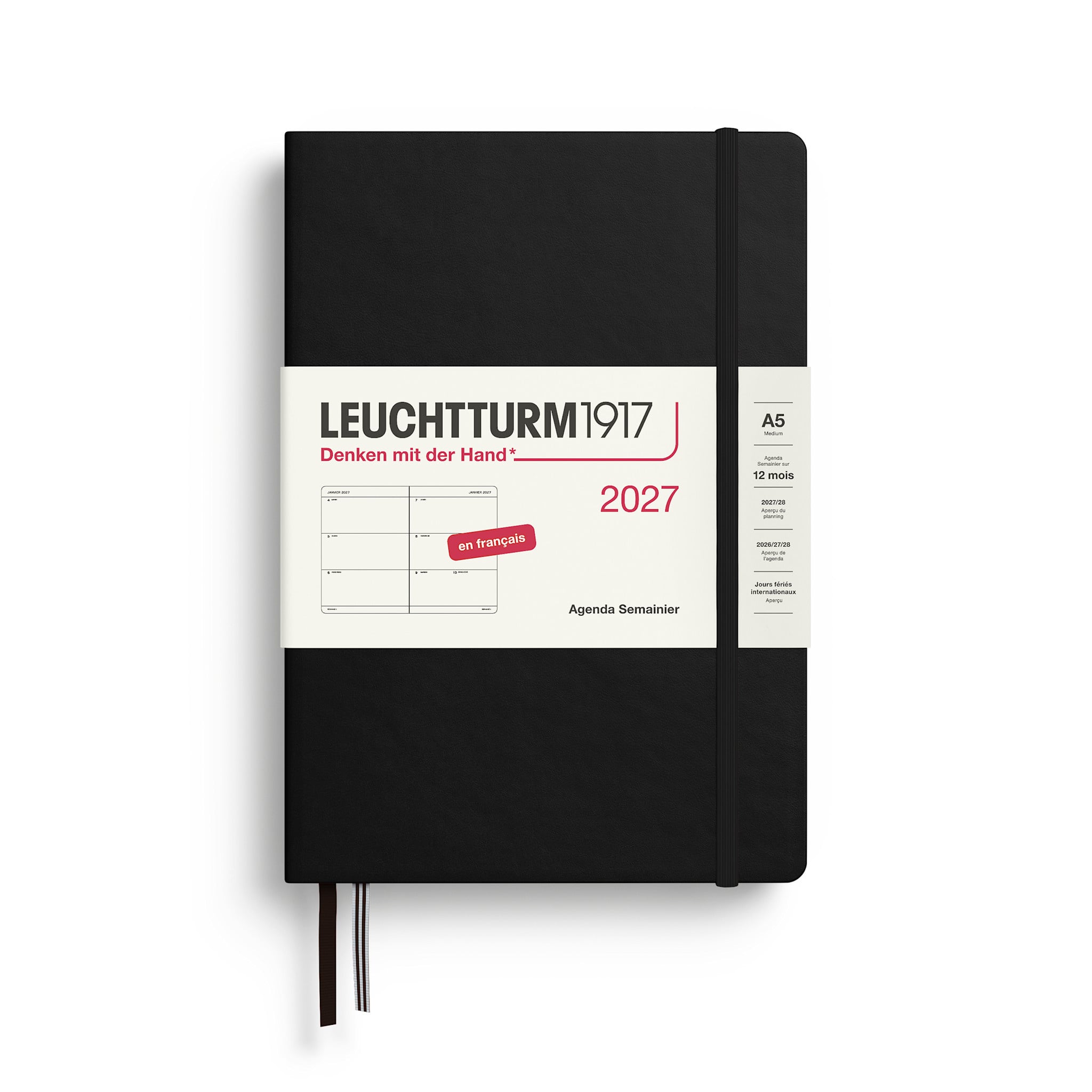 LEUCHTTURM 1917 Noir, Agenda Semainier horizontal Medium (A5) 2027, Français