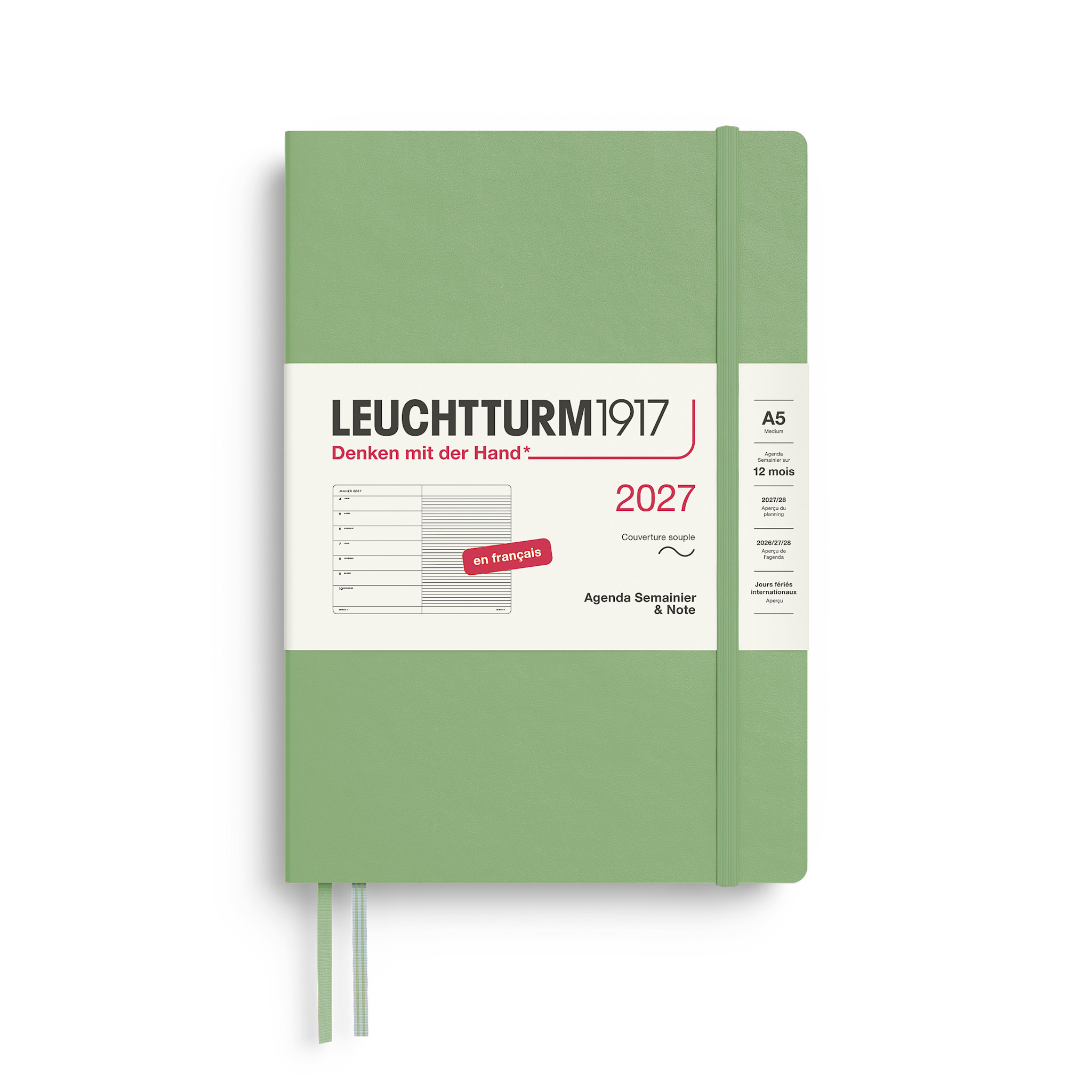 LEUCHTTURM 1917 Sauge, Agenda Semainier & Carnet de notes Medium (A5) 2027, Couverture souple, Français