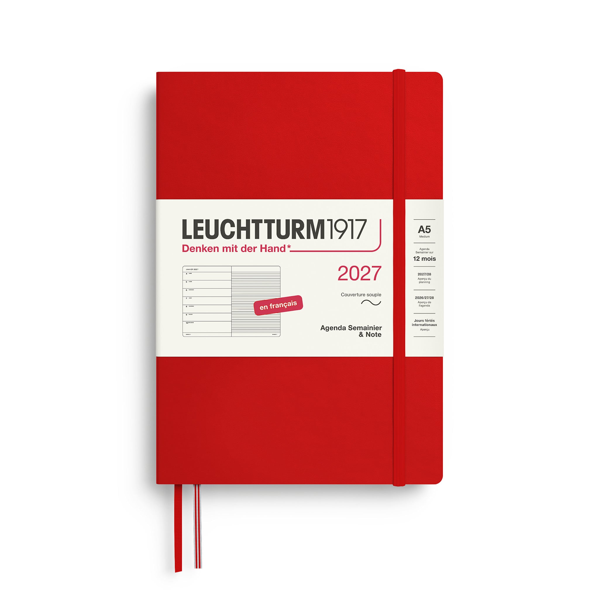 LEUCHTTURM 1917 Cherry, Agenda Semainier & Carnet de notes Medium (A5) 2027, Couverture souple, Français