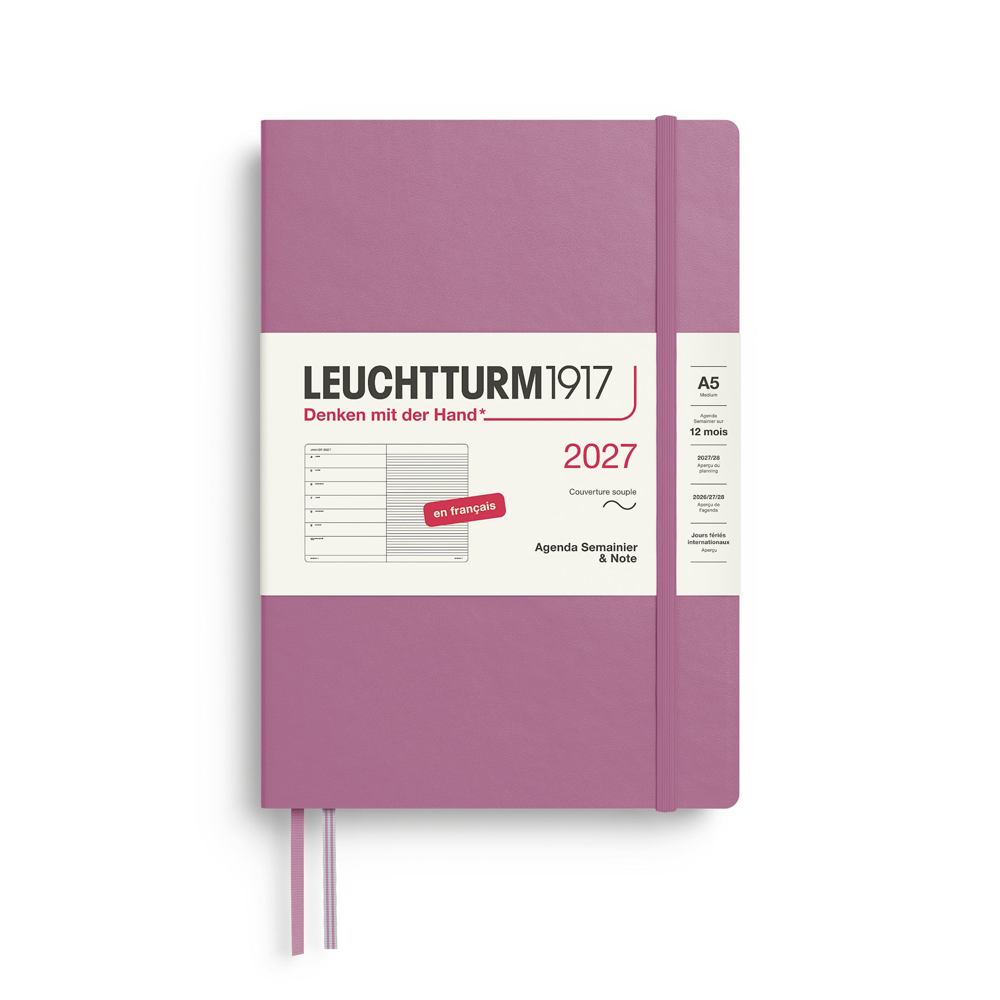 LEUCHTTURM 1917 Dusty Rose, Agenda Semainier & Carnet de notes Medium (A5) 2027, Couverture souple, Français