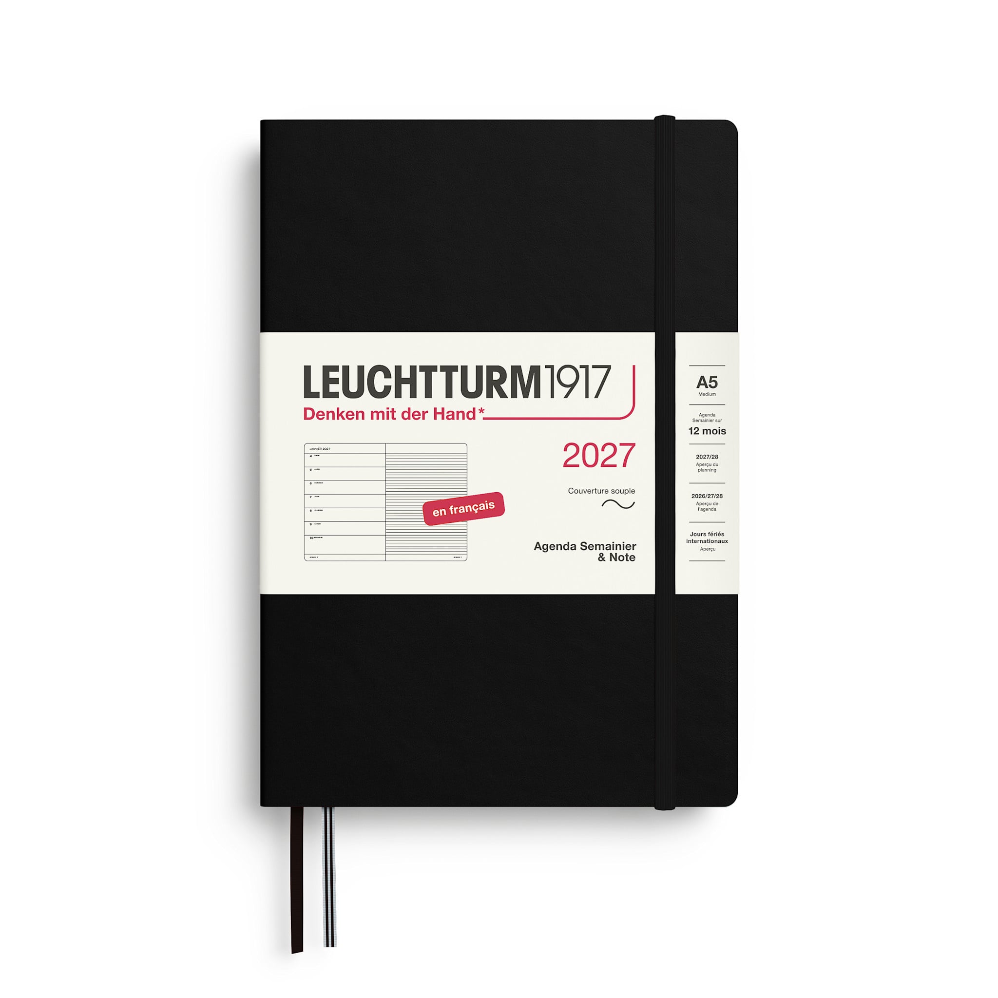 LEUCHTTURM 1917 Noir, Agenda Semainier & Carnet de notes Medium (A5) 2027, Couverture souple, Français