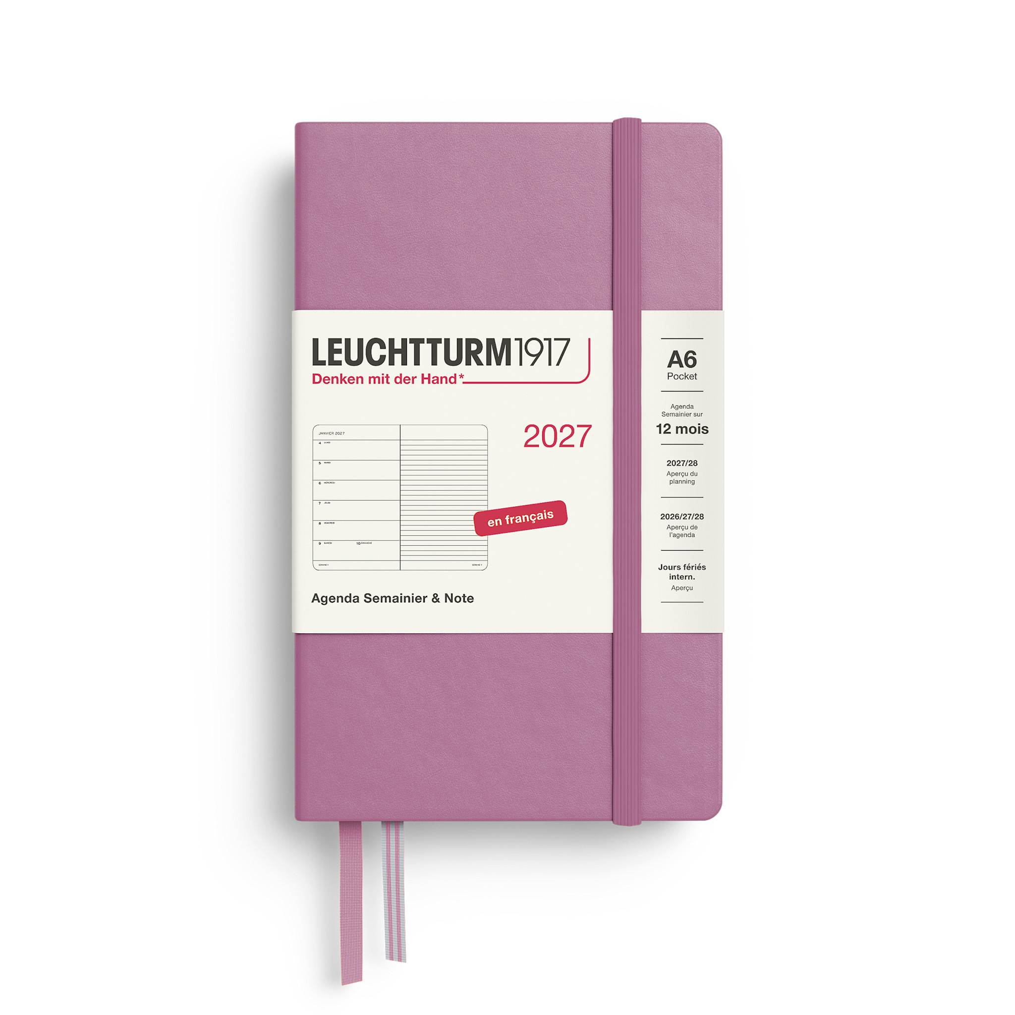 LEUCHTTURM 1917 Dusty Rose, Agenda Semainier & Carnet de notes Pocket (A6) 2027, Français