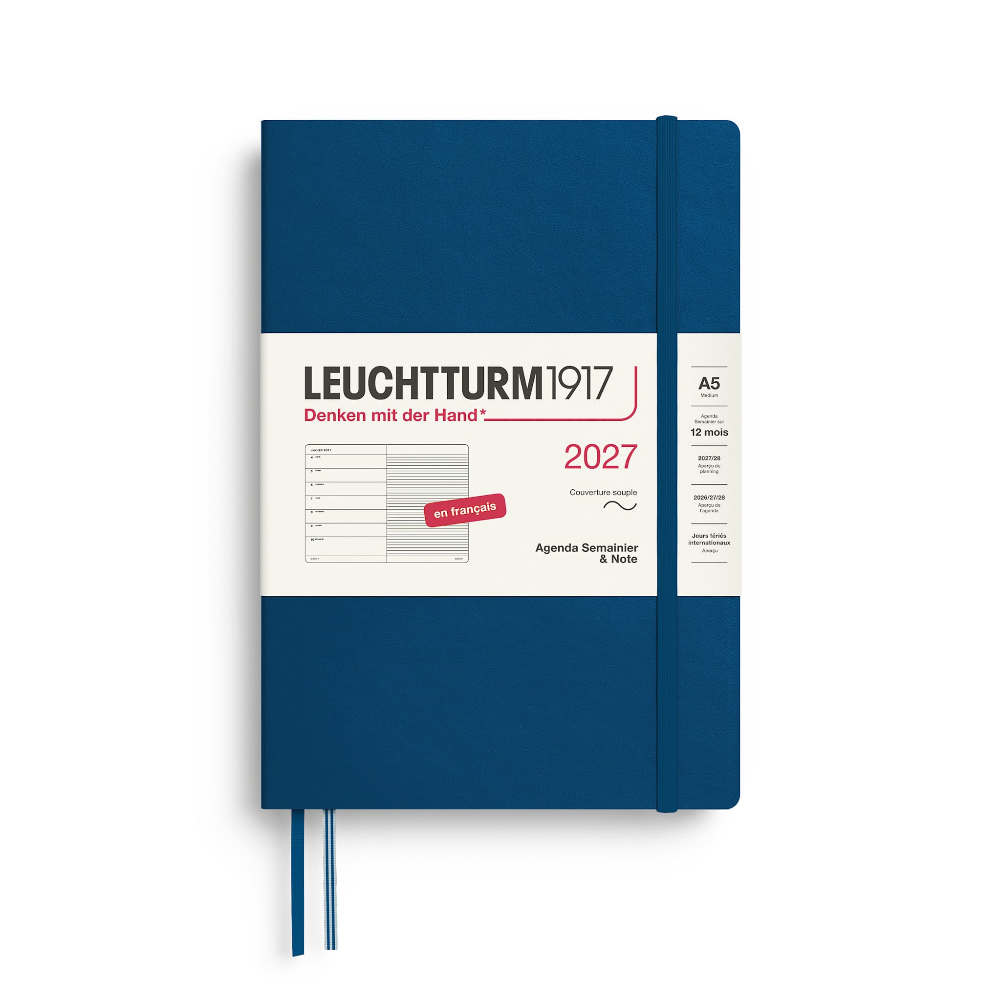 LEUCHTTURM 1917 Indigo, Agenda Semainier & Carnet de notes Medium (A5) 2027, Français