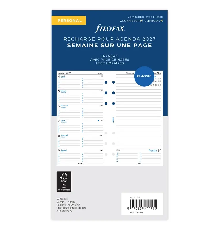 FILOFAX Recharge Agenda Personal 2027 - 1 Semaine Sur 1 Page + Notes - Français